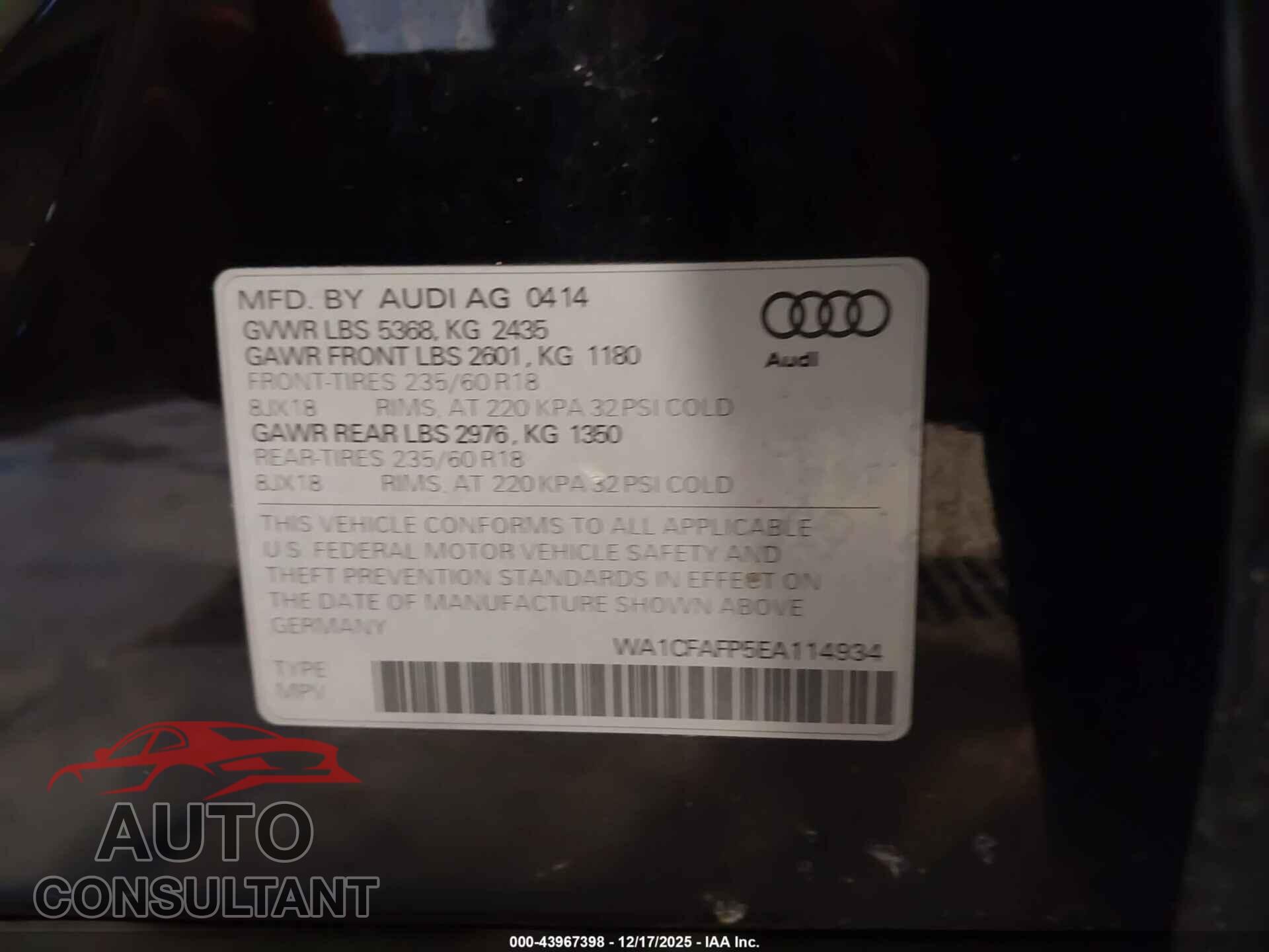 AUDI Q5 2014 - WA1CFAFP5EA114934