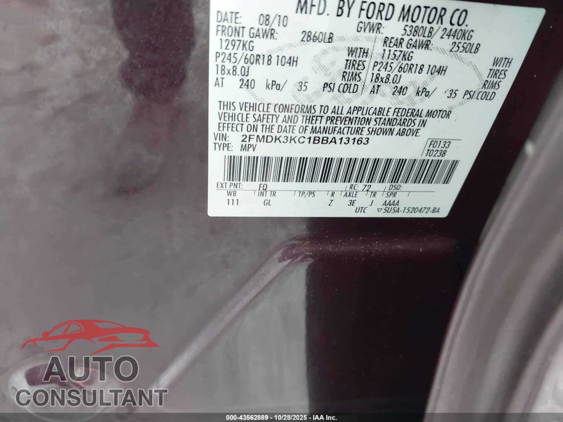 FORD EDGE 2011 - 2FMDK3KC1BBA13163