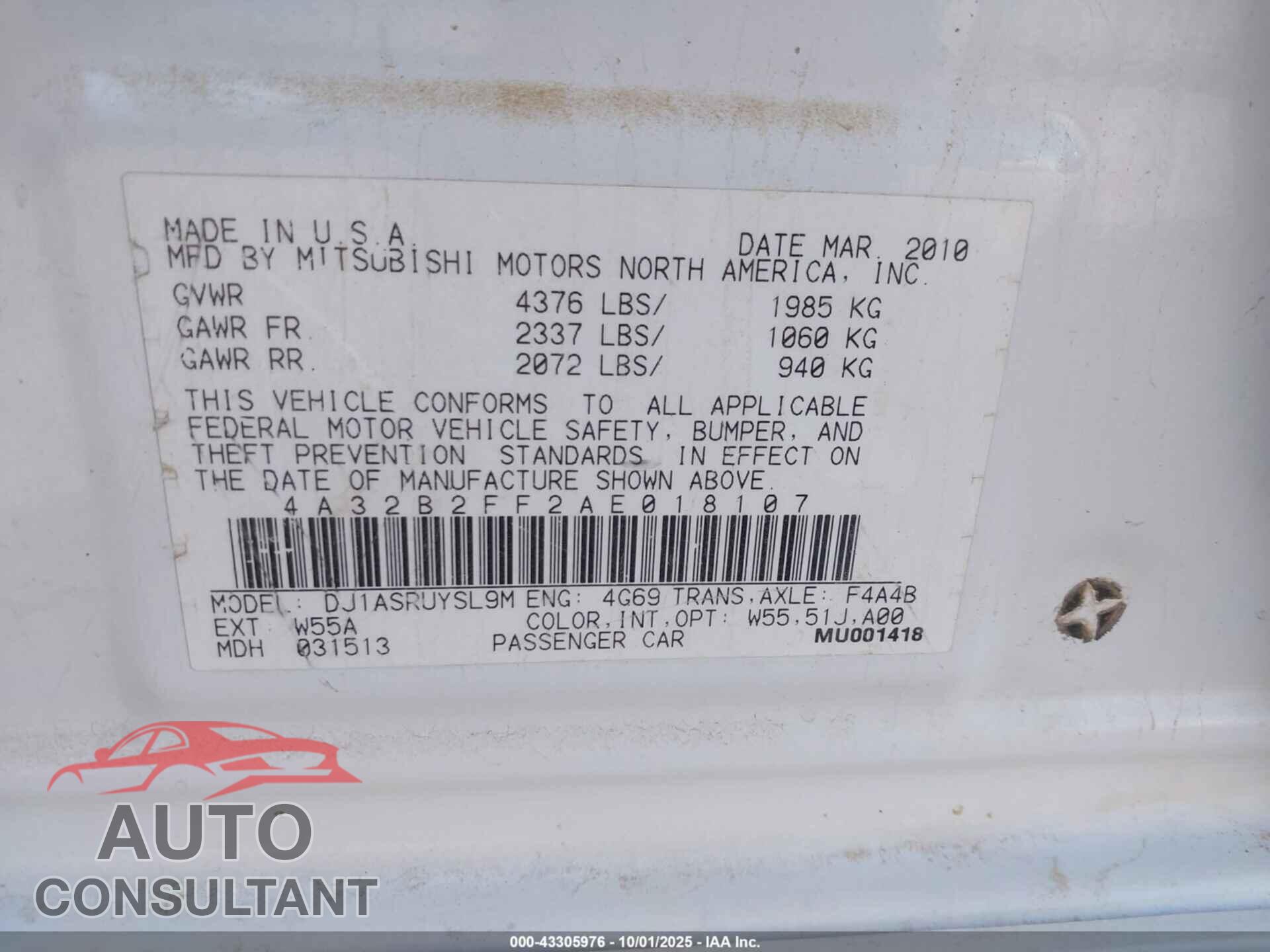 MITSUBISHI GALANT 2010 - 4A32B2FF2AE018107