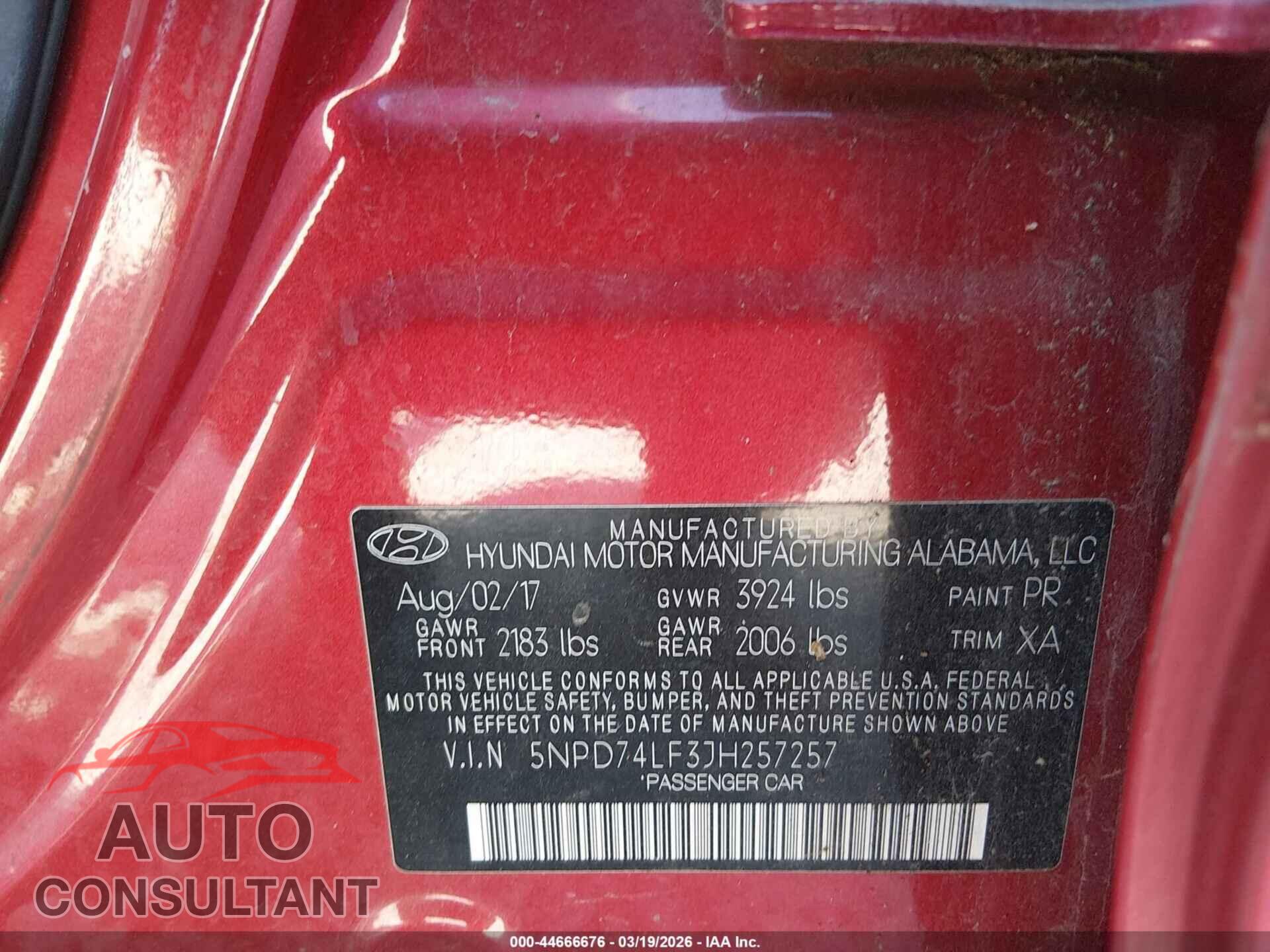 HYUNDAI ELANTRA 2018 - 5NPD74LF3JH257257