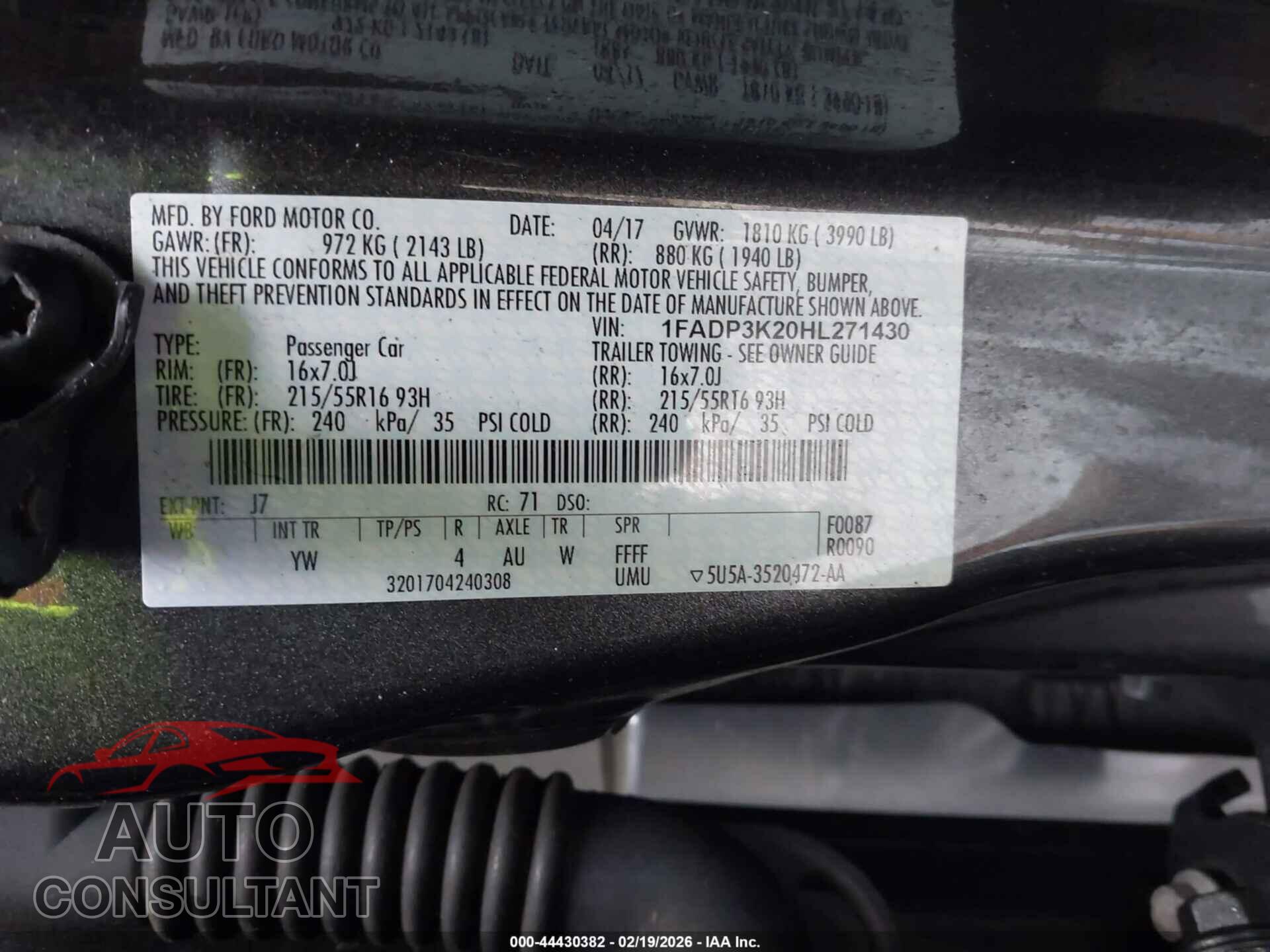 FORD FOCUS 2017 - 1FADP3K20HL271430