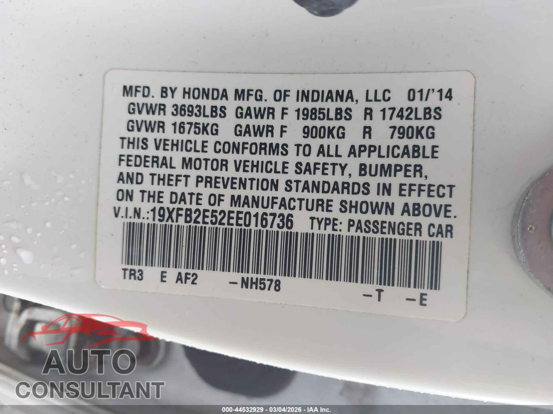 HONDA CIVIC 2014 - 19XFB2E52EE016736