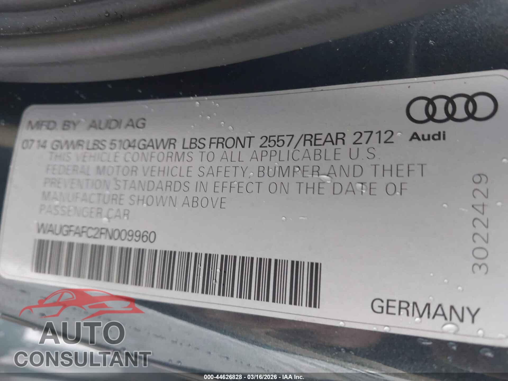 AUDI A6 2015 - WAUGFAFC2FN009960