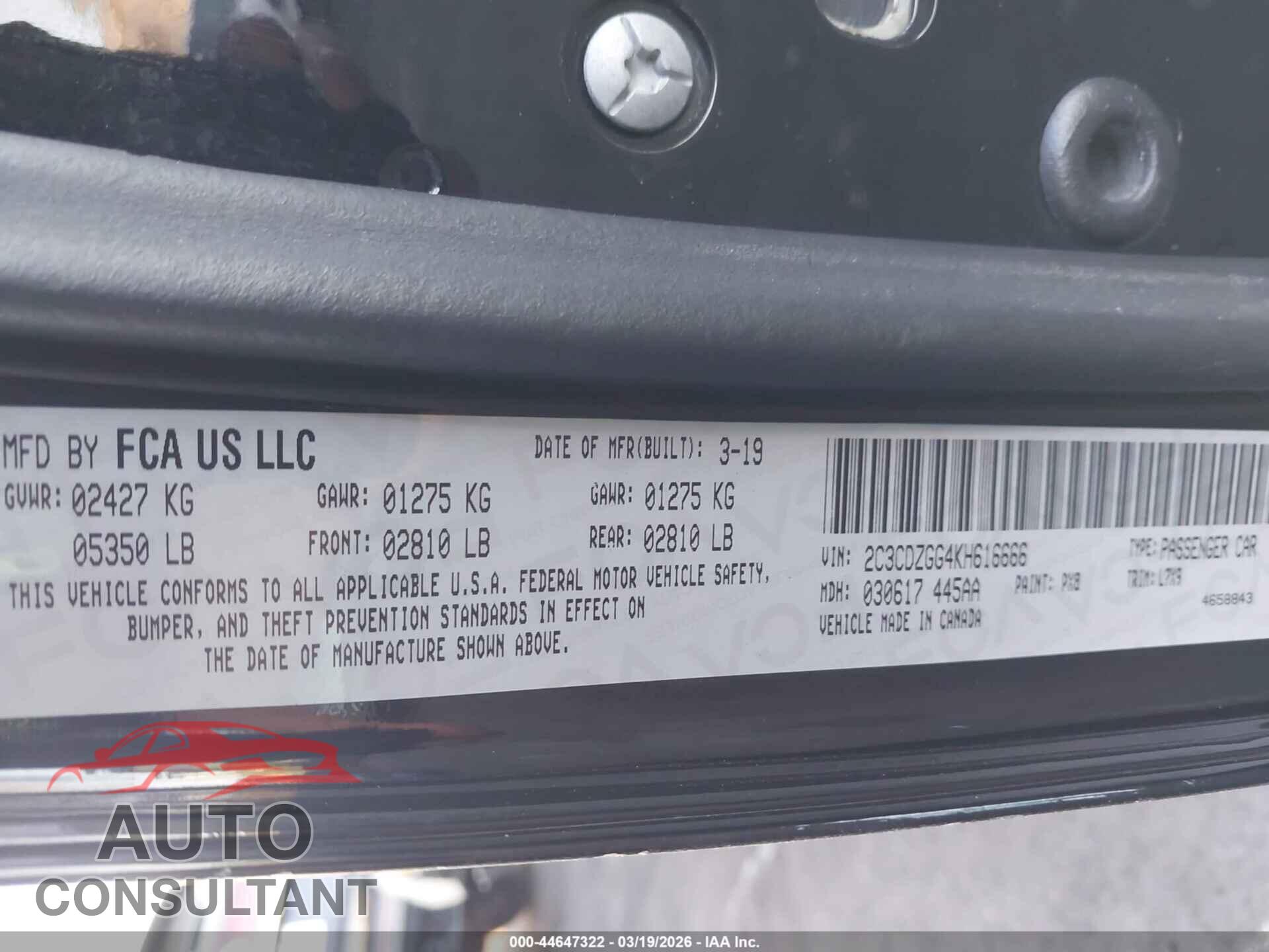 DODGE CHALLENGER 2019 - 2C3CDZGG4KH616666