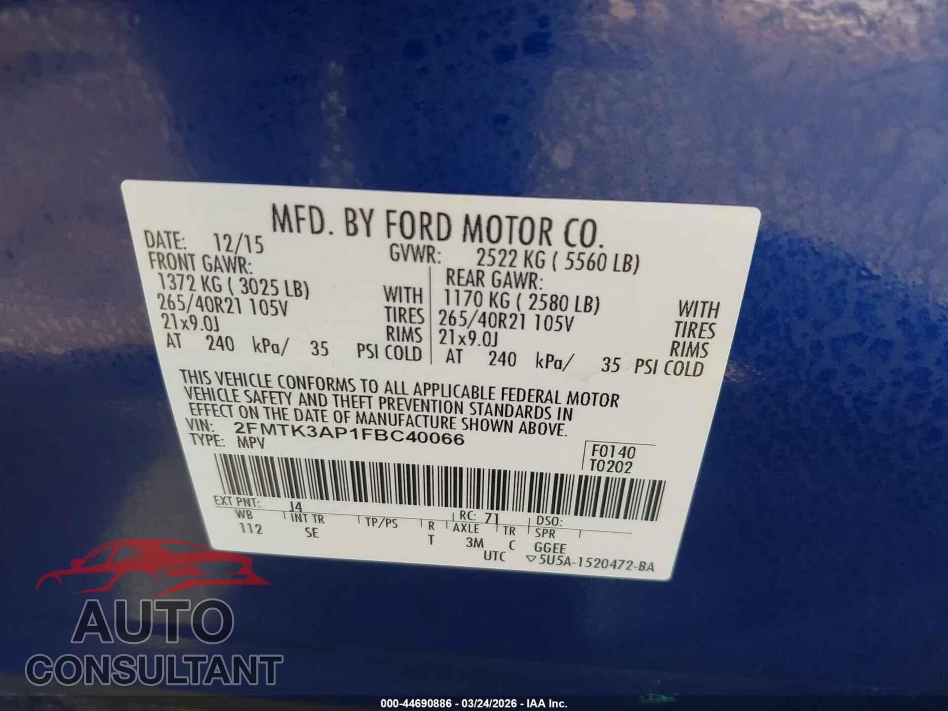 FORD EDGE 2015 - 2FMTK3AP1FBC40066