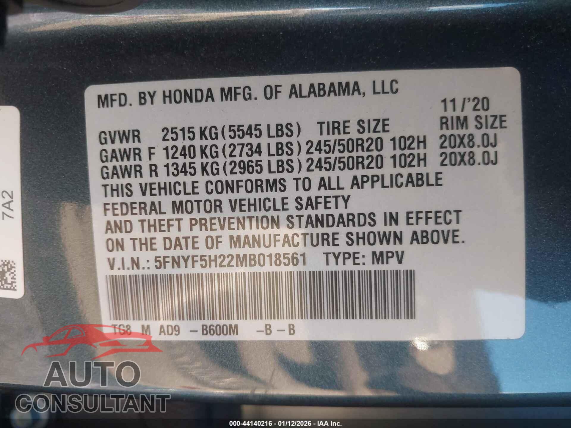 HONDA PILOT 2021 - 5FNYF5H22MB018561