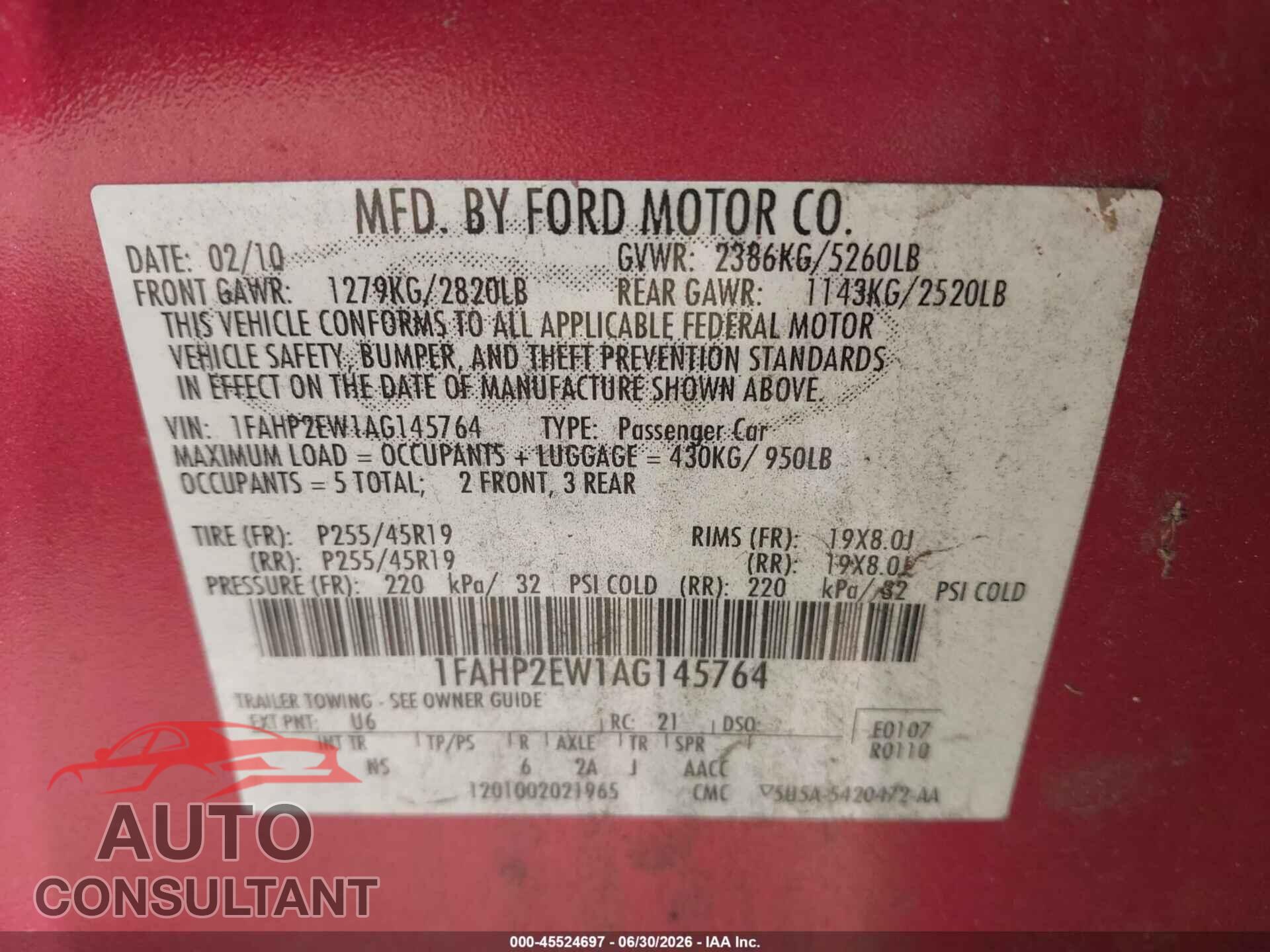 FORD TAURUS 2010 - 1FAHP2EW1AG145764