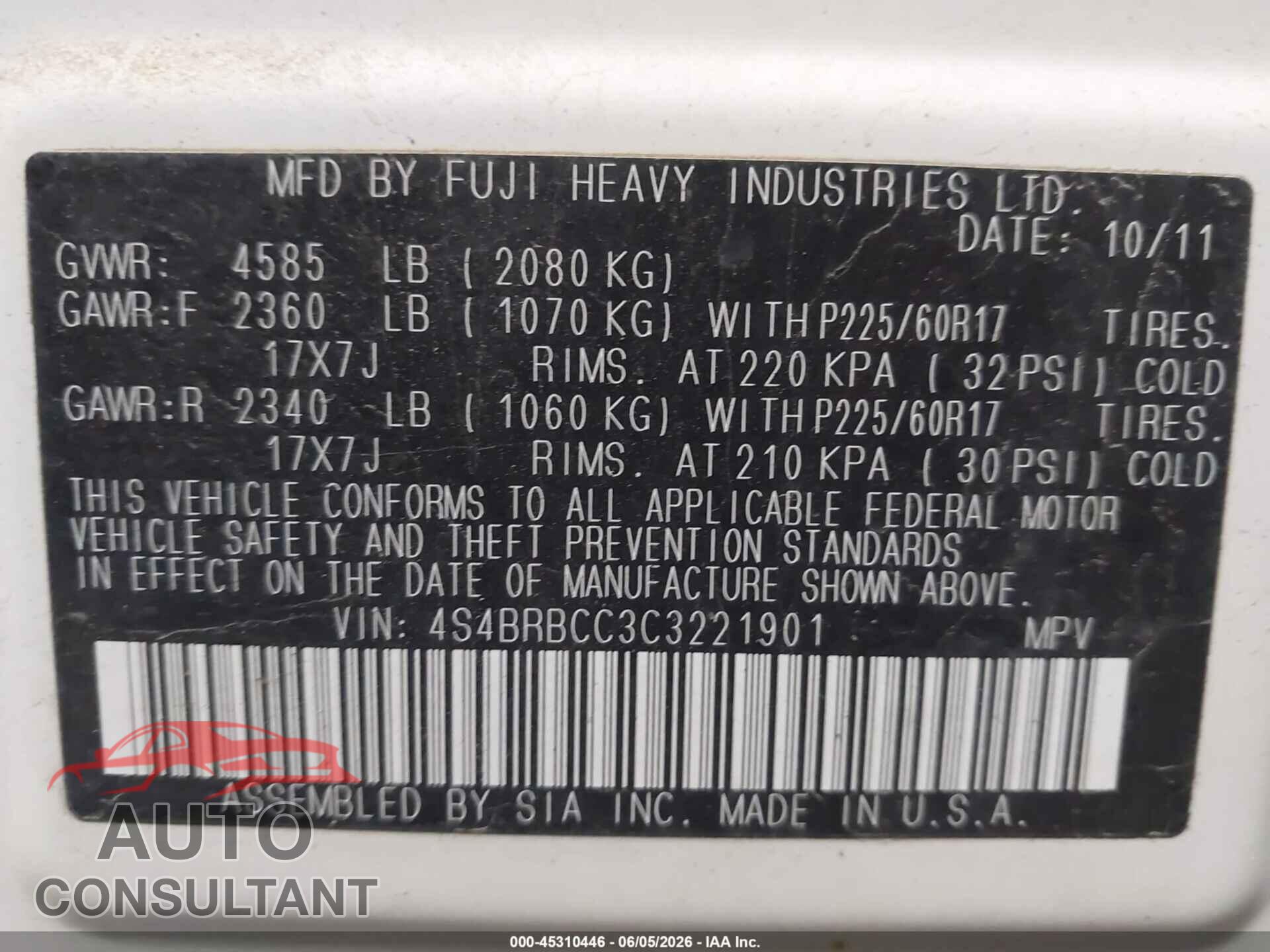 SUBARU OUTBACK 2012 - 4S4BRBCC3C3221901
