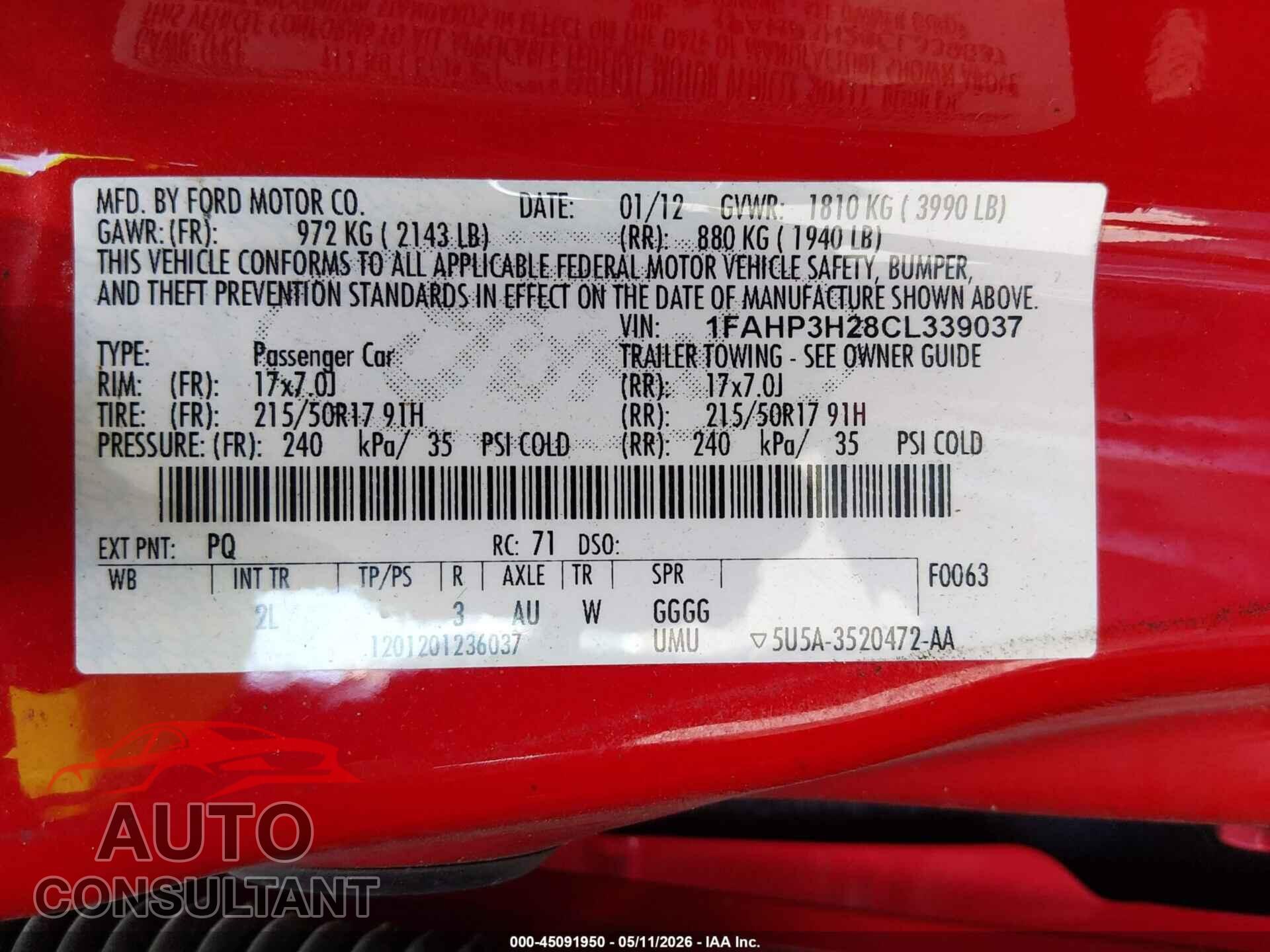 FORD FOCUS 2012 - 1FAHP3H28CL339037