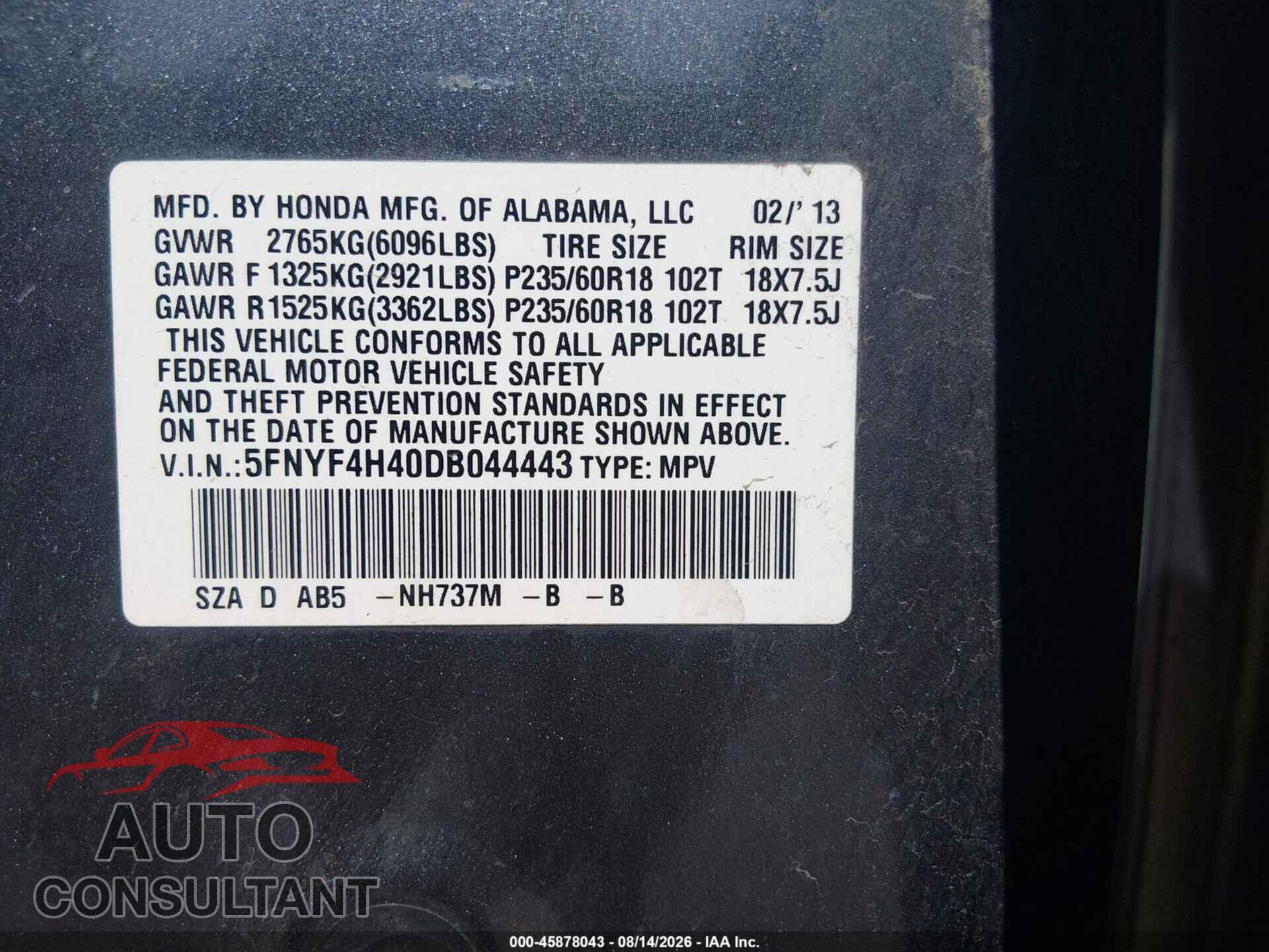 HONDA PILOT 2013 - 5FNYF4H40DB044443