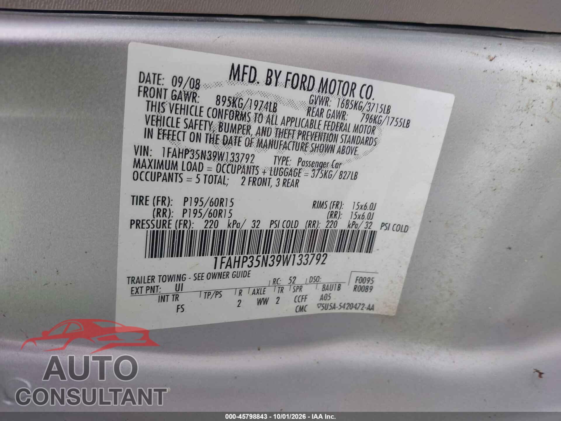 FORD FOCUS 2009 - 1FAHP35N39W133792