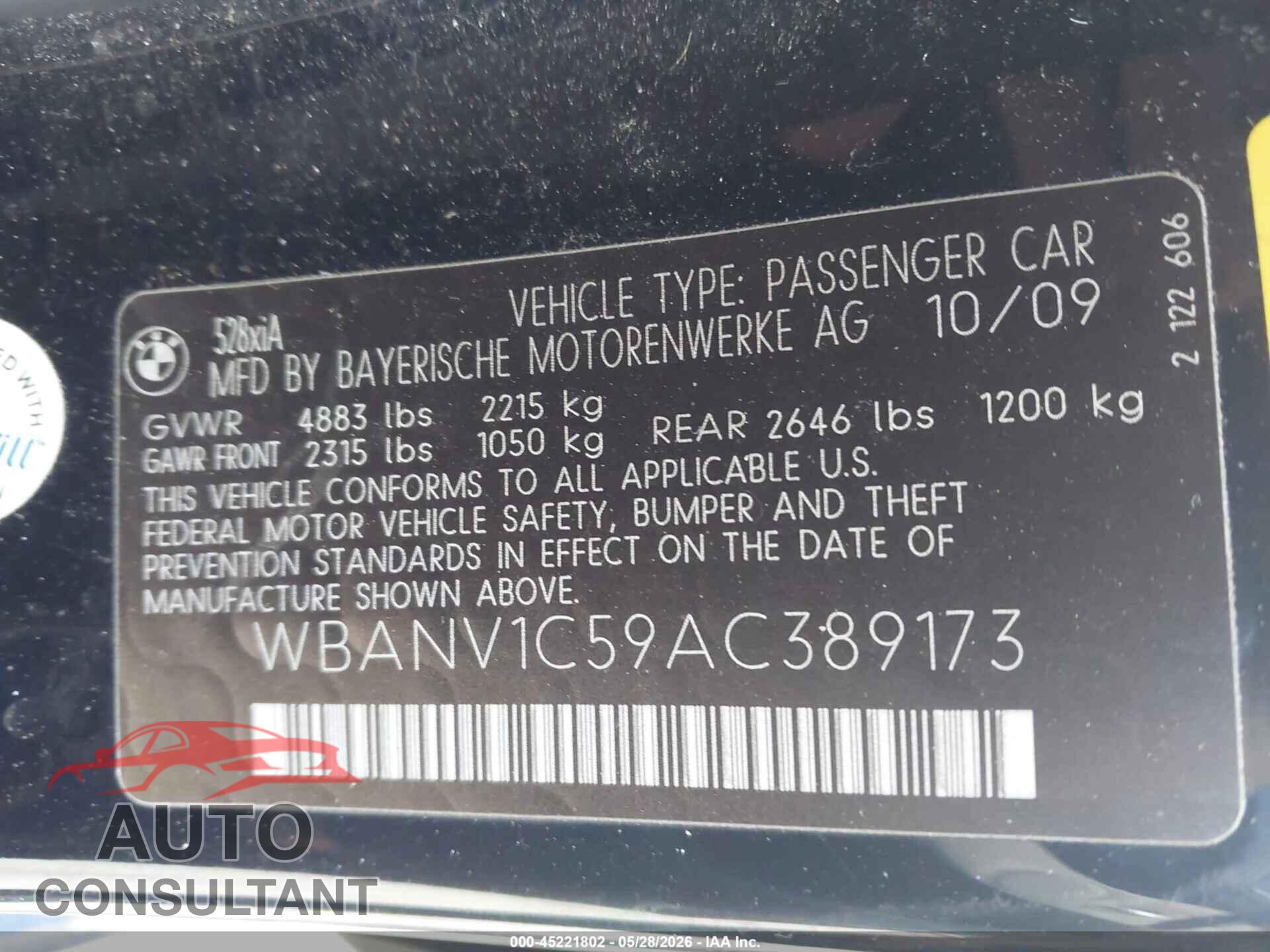 BMW 528I 2010 - WBANV1C59AC389173