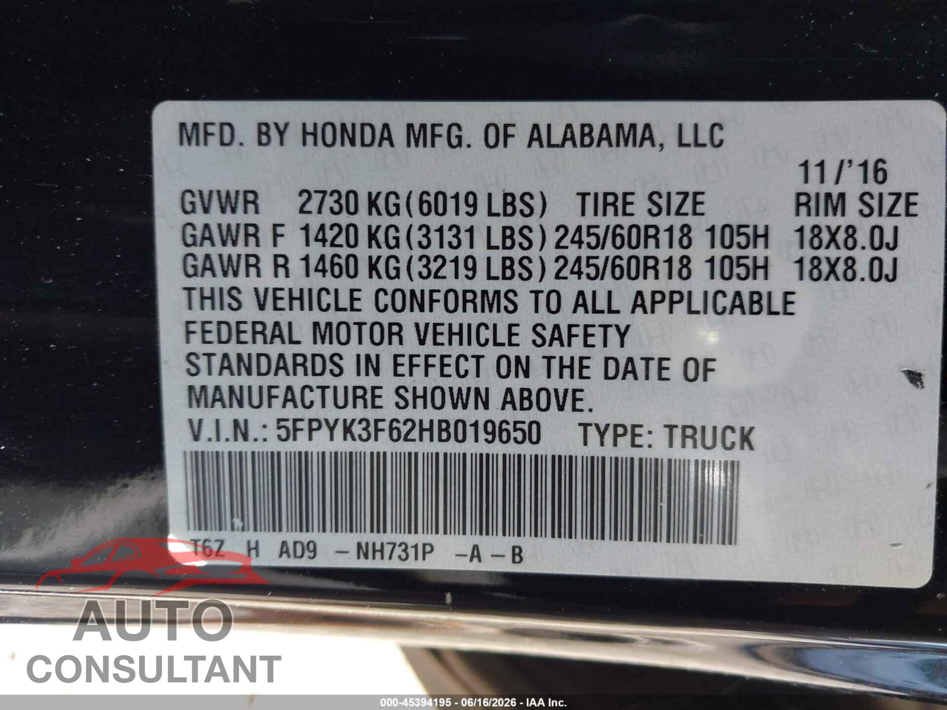 HONDA RIDGELINE 2017 - 5FPYK3F62HB019650
