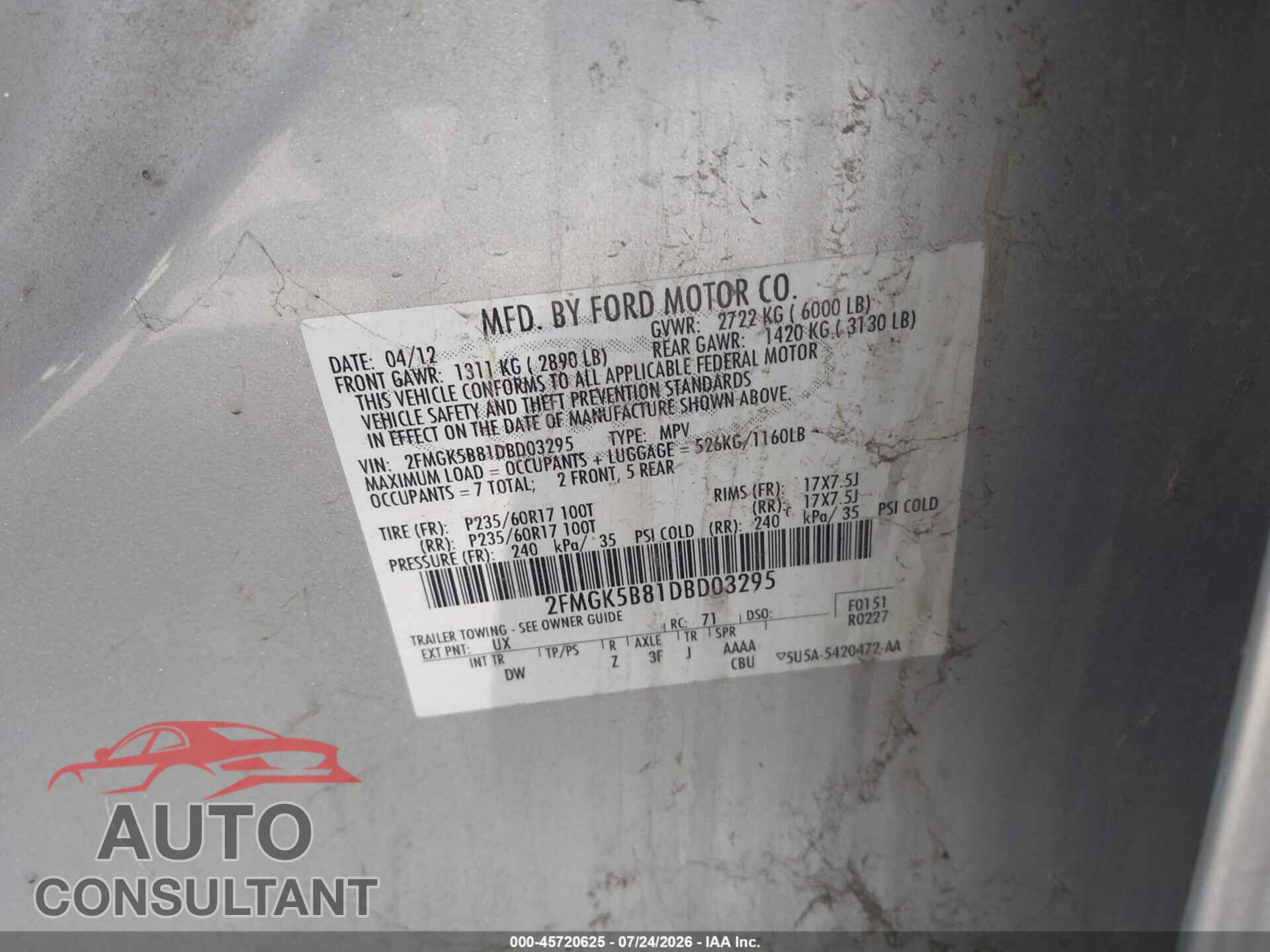 FORD FLEX 2013 - 2FMGK5B81DBD03295