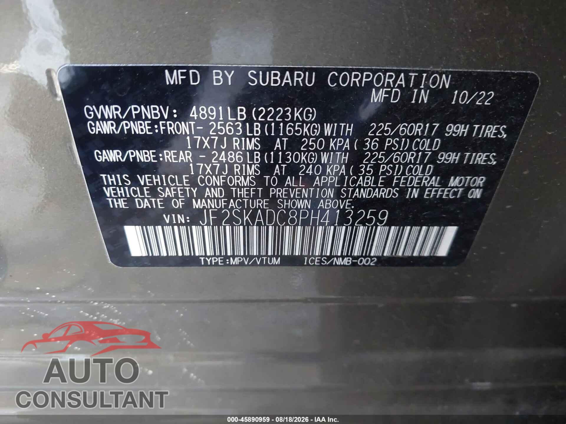 SUBARU FORESTER 2023 - JF2SKADC8PH413259