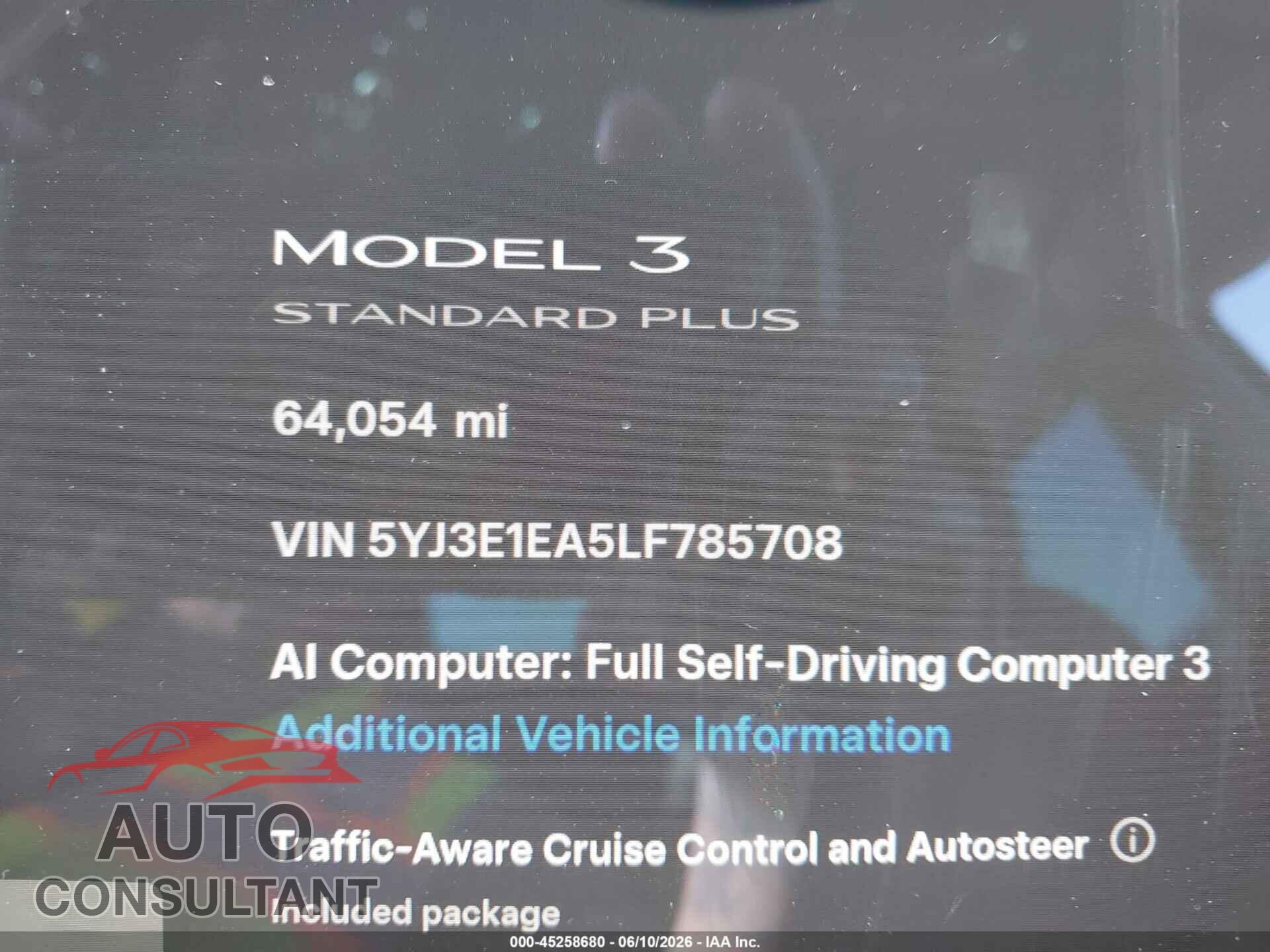 TESLA MODEL 3 2020 - 5YJ3E1EA5LF785708