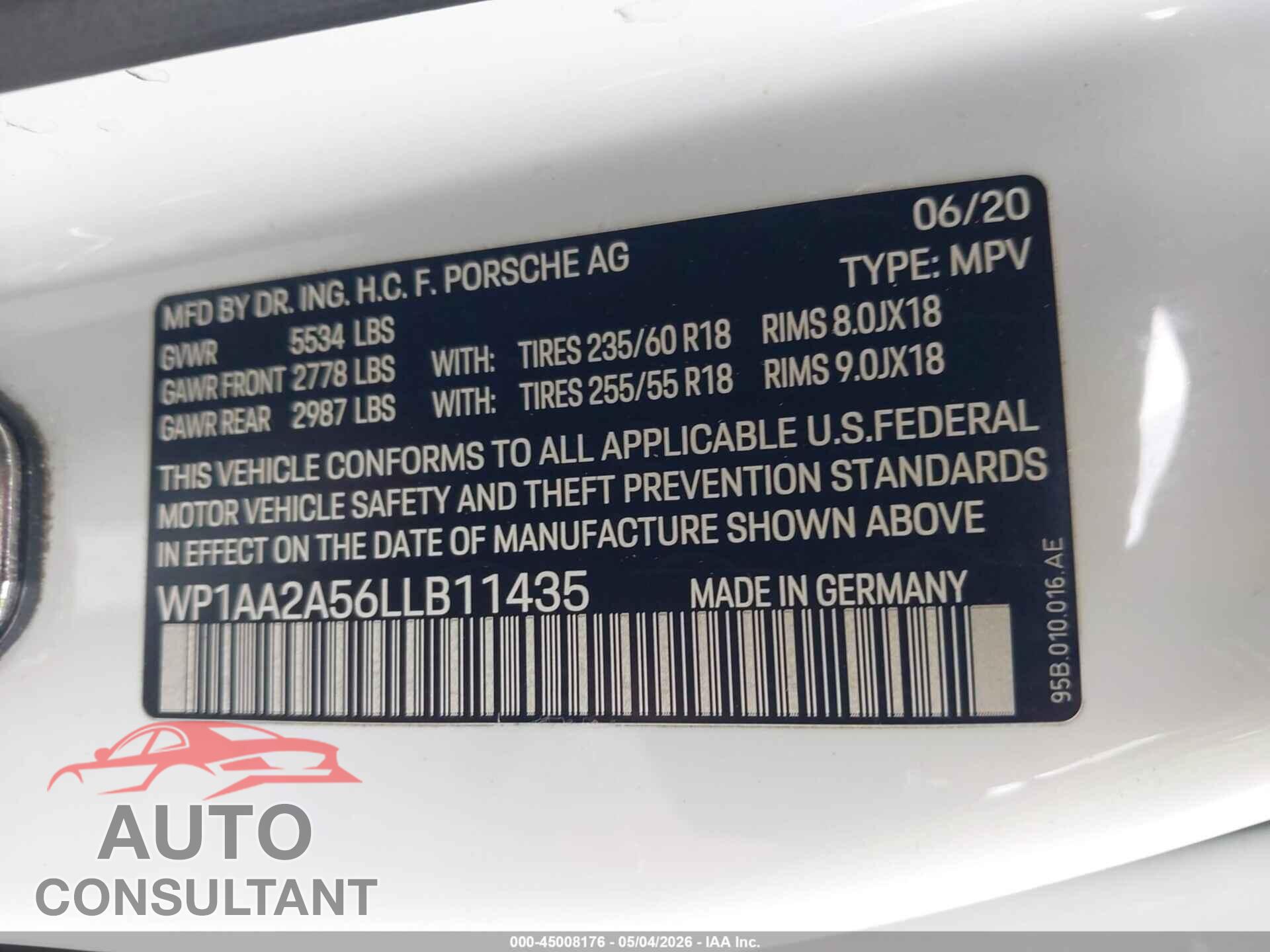 PORSCHE MACAN 2020 - WP1AA2A56LLB11435