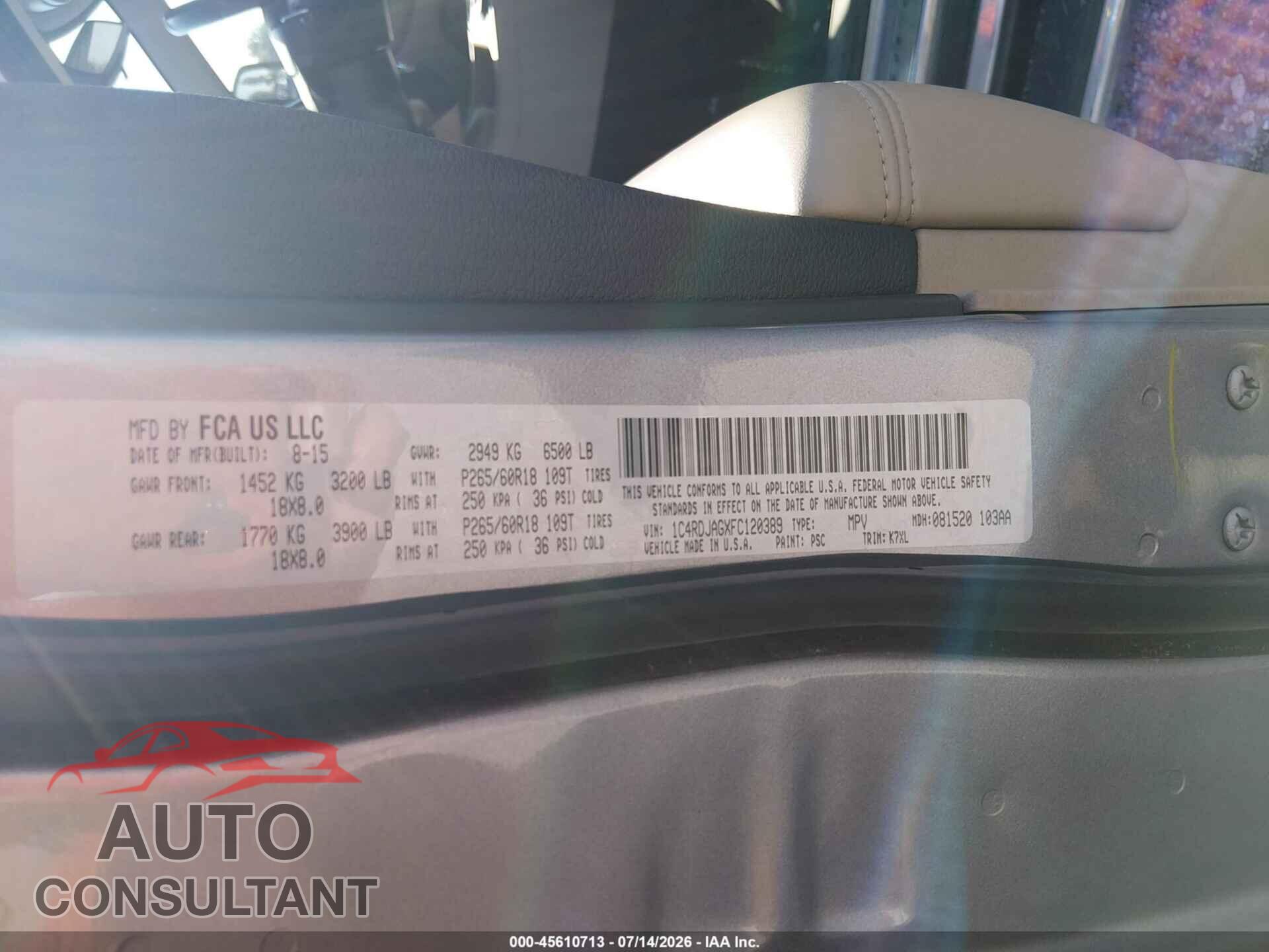 DODGE DURANGO 2015 - 1C4RDJAGXFC120389