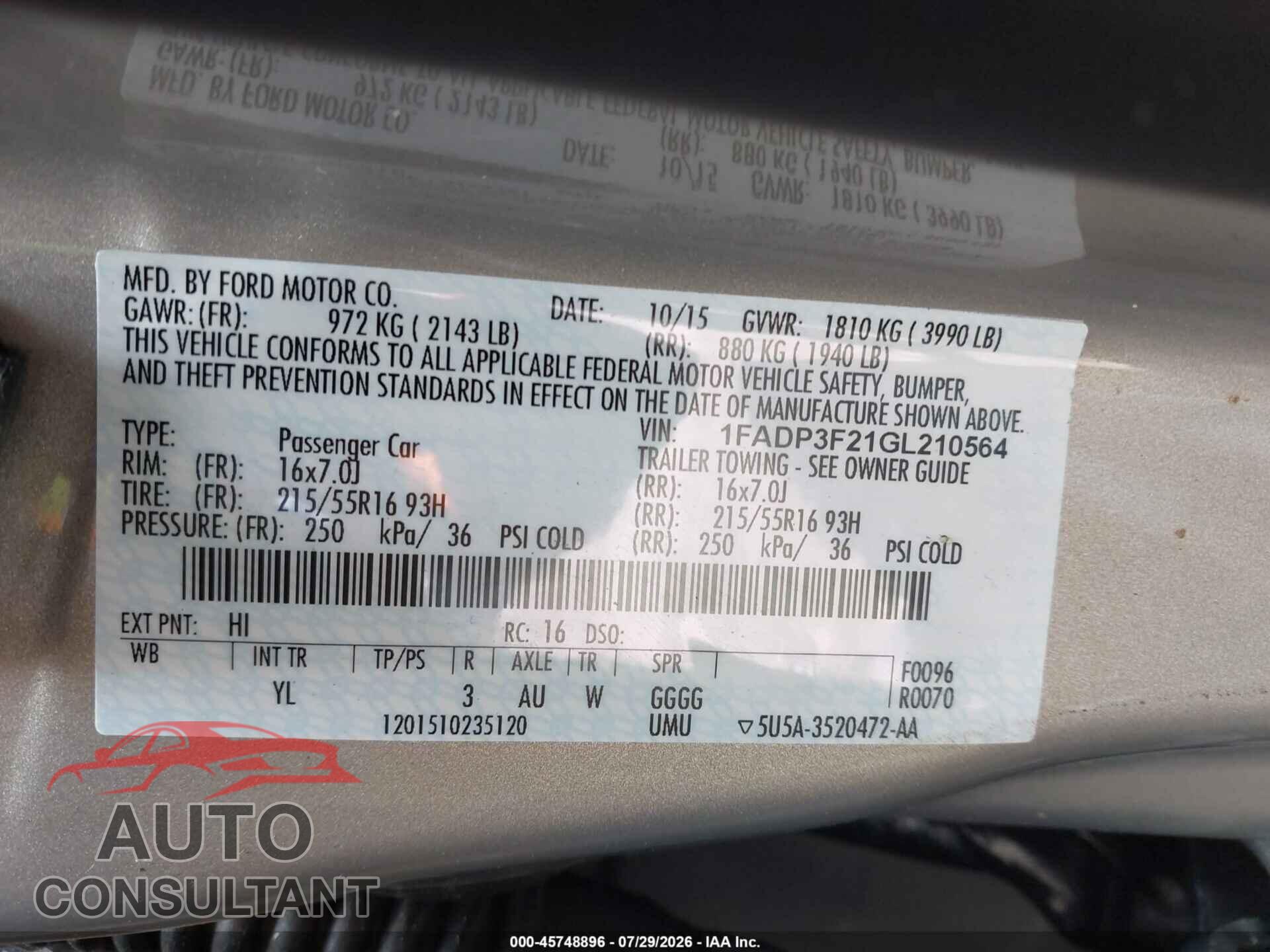 FORD FOCUS 2016 - 1FADP3F21GL210564