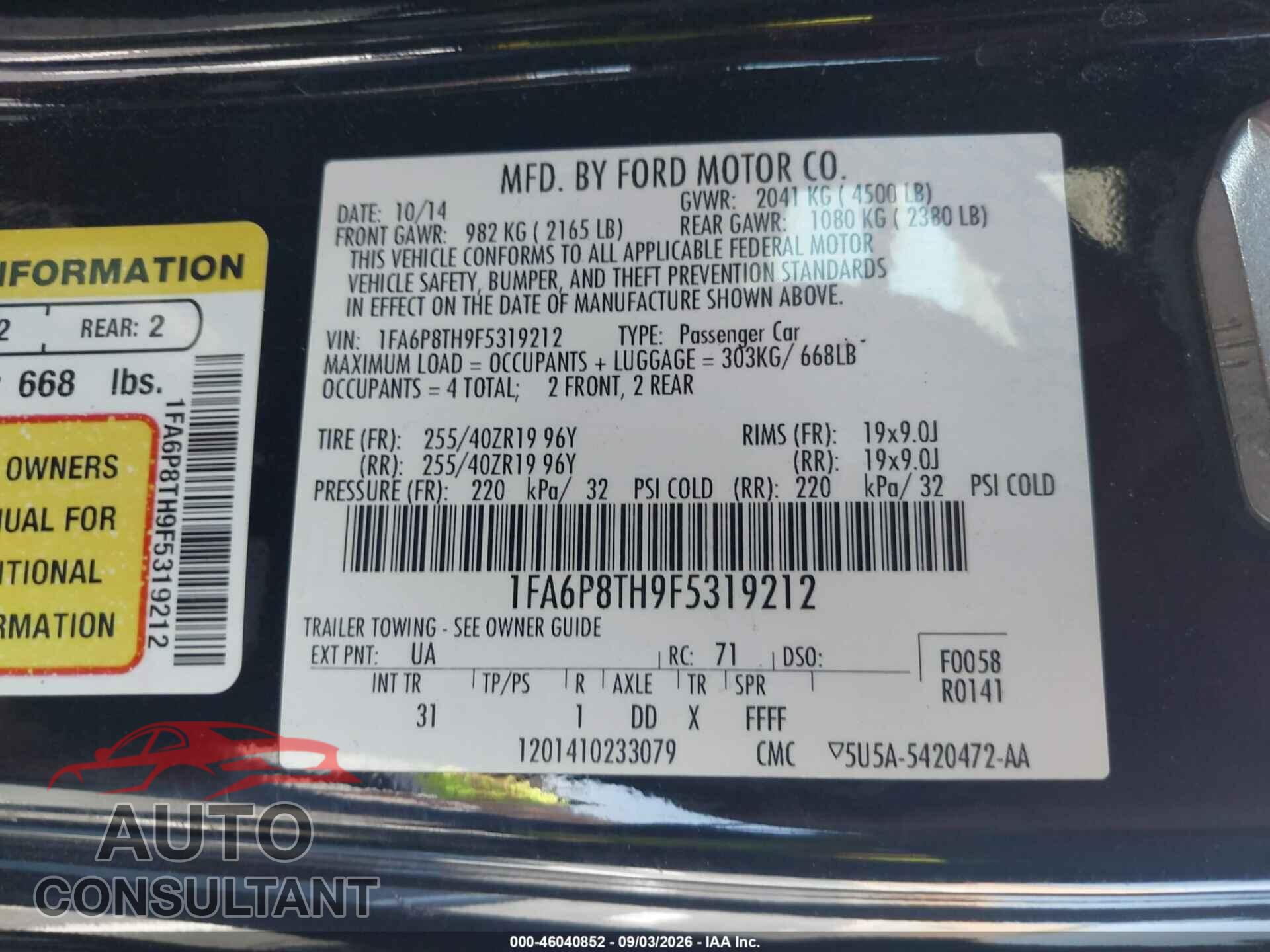 FORD MUSTANG 2015 - 1FA6P8TH9F5319212