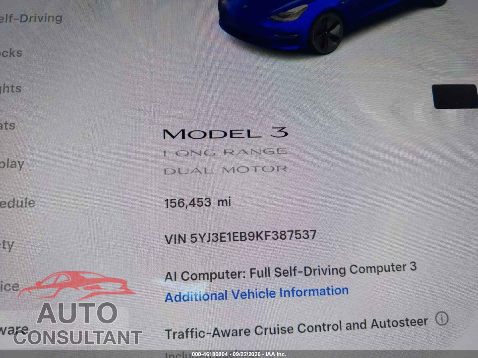 TESLA MODEL 3 2019 - 5YJ3E1EB9KF387537