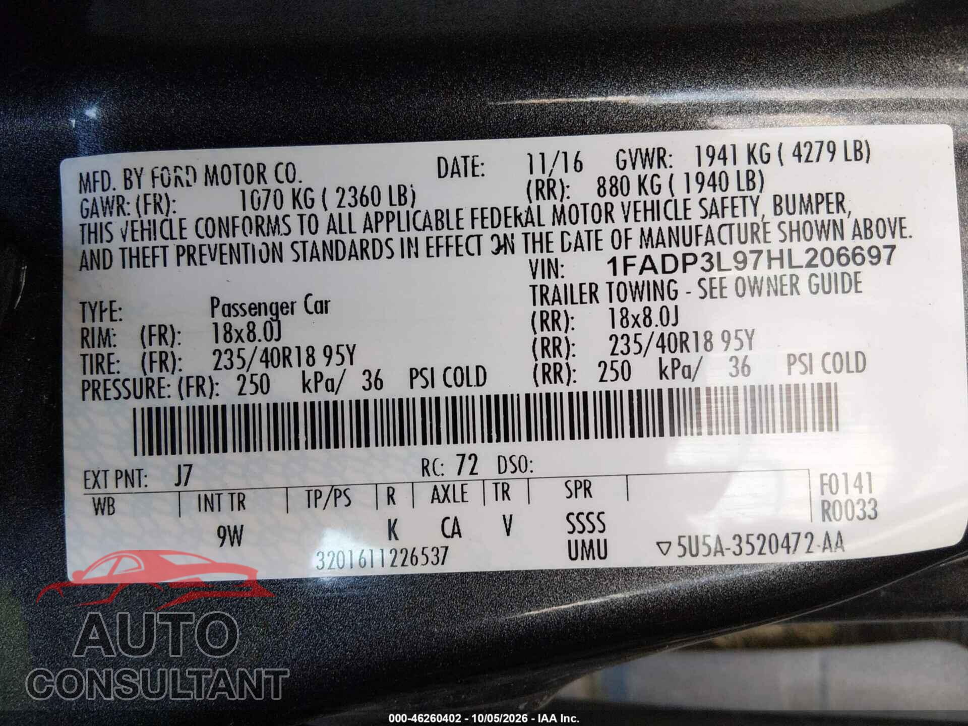 FORD FOCUS ST 2017 - 1FADP3L97HL206697