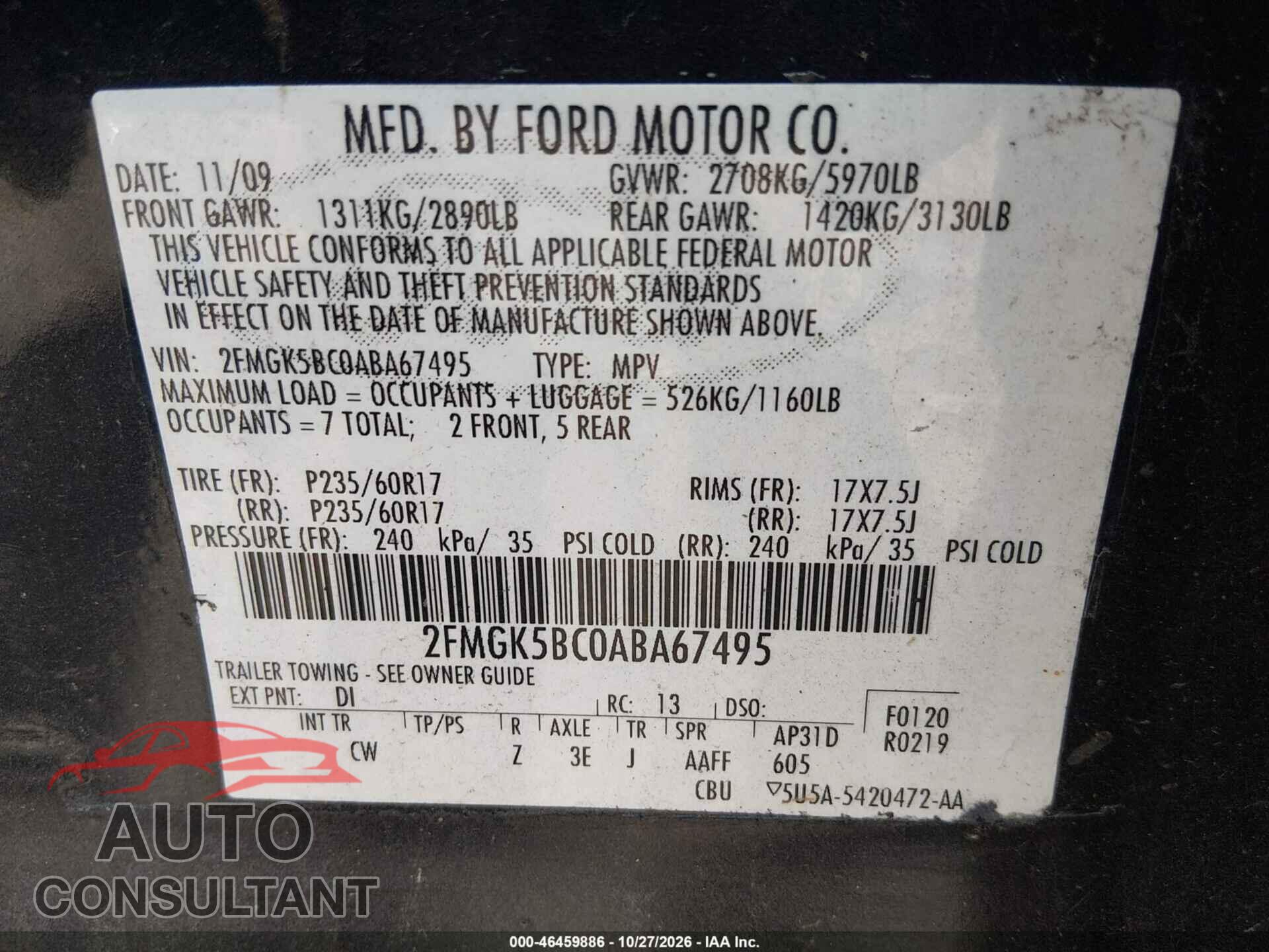 FORD FLEX 2010 - 2FMGK5BC0ABA67495