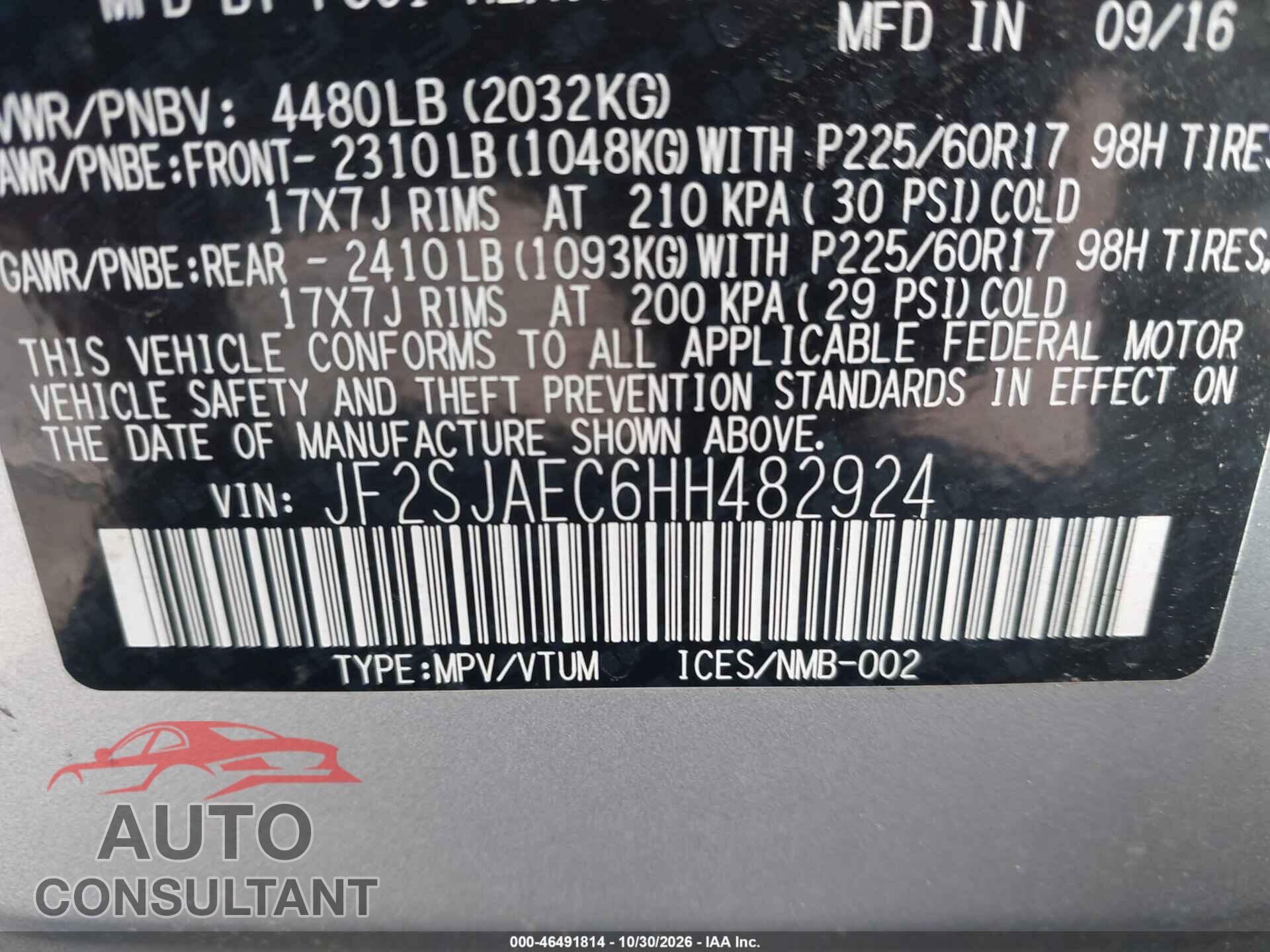 SUBARU FORESTER 2017 - JF2SJAEC6HH482924