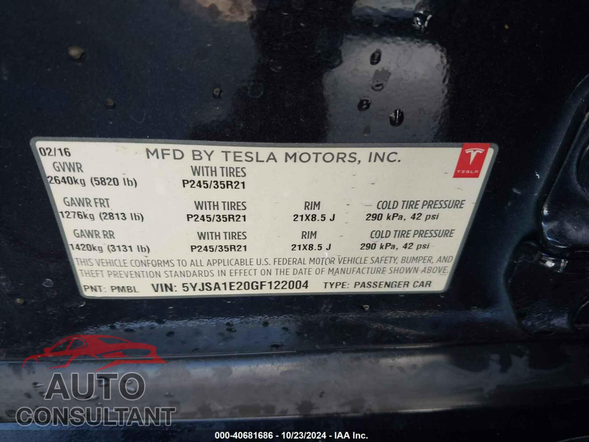 TESLA MODEL S 2016 - 5YJSA1E20GF122004
