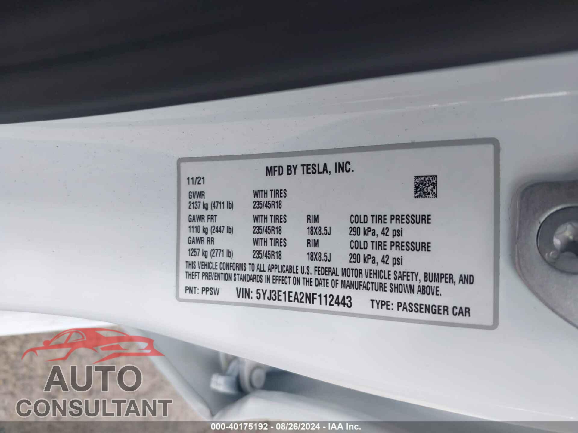 TESLA MODEL 3 2022 - 5YJ3E1EA2NF112443