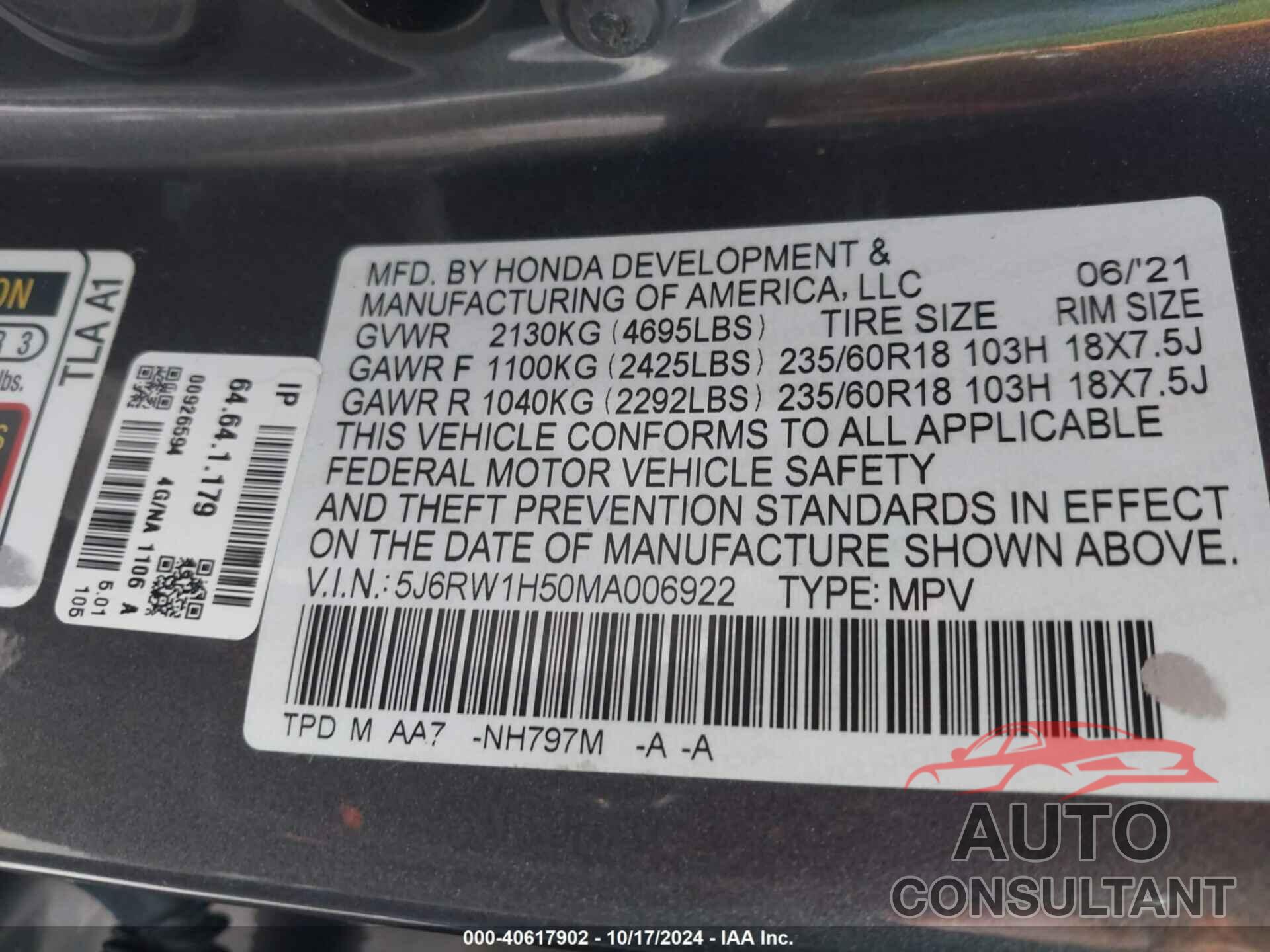 HONDA CR-V 2021 - 5J6RW1H50MA006922