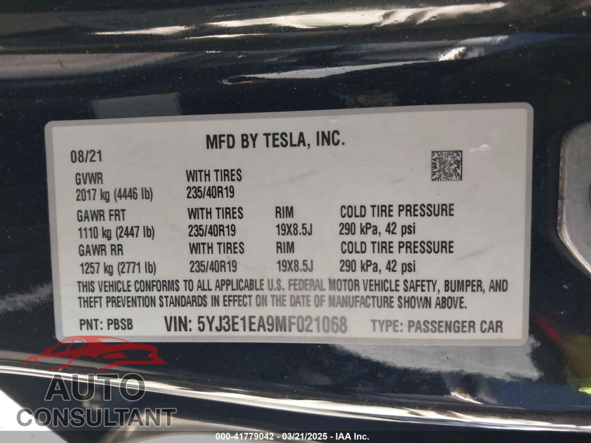 TESLA MODEL 3 2021 - 5YJ3E1EA9MF021068
