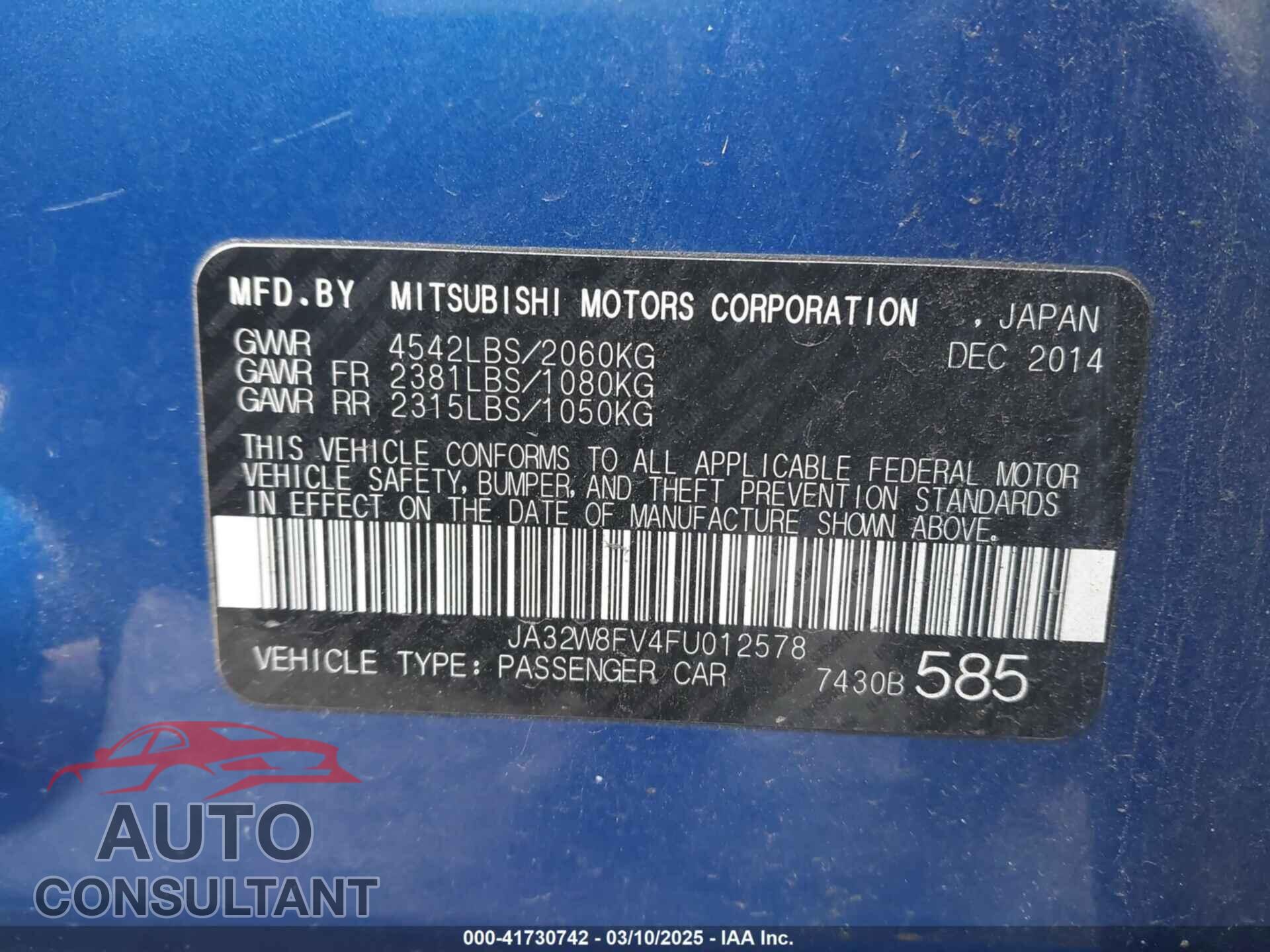 MITSUBISHI LANCER EVOLUTION 2015 - JA32W8FV4FU012578