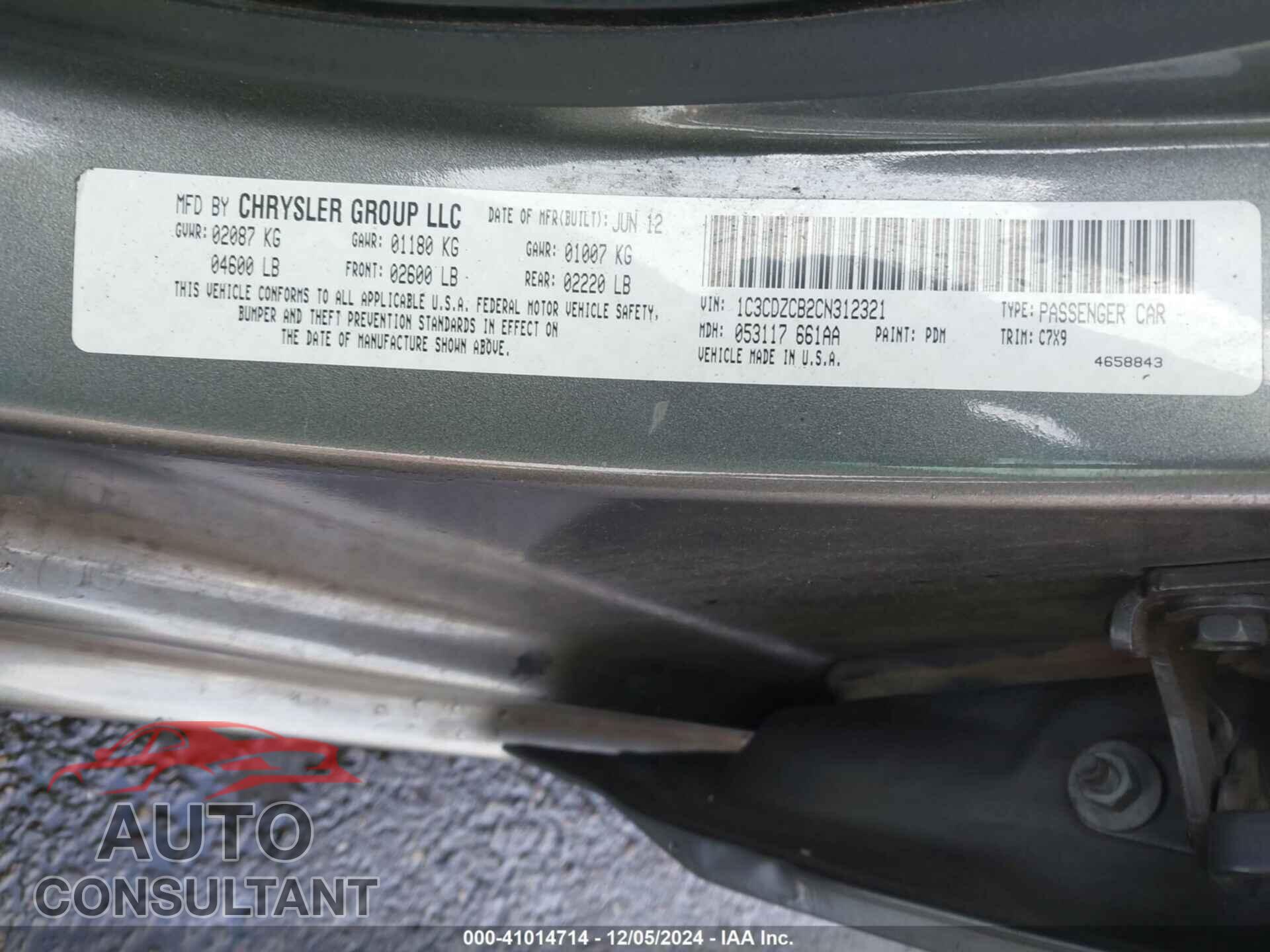 DODGE AVENGER 2012 - 1C3CDZCB2CN312321