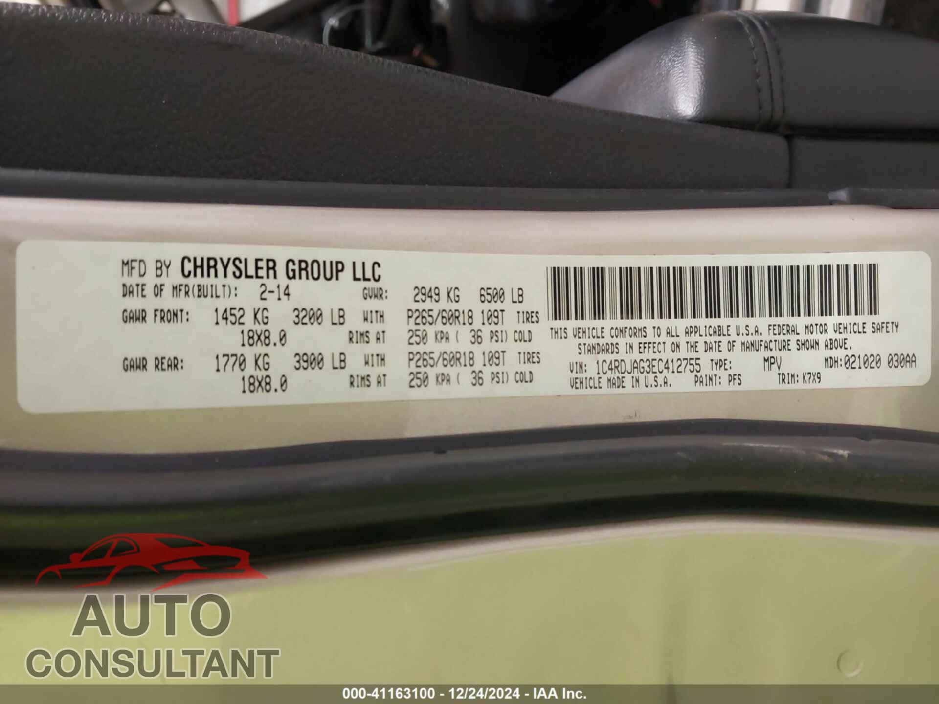 DODGE DURANGO 2014 - 1C4RDJAG3EC412755