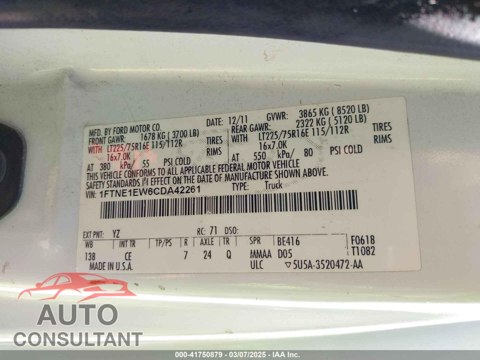 FORD E-150 2012 - 1FTNE1EW6CDA42261