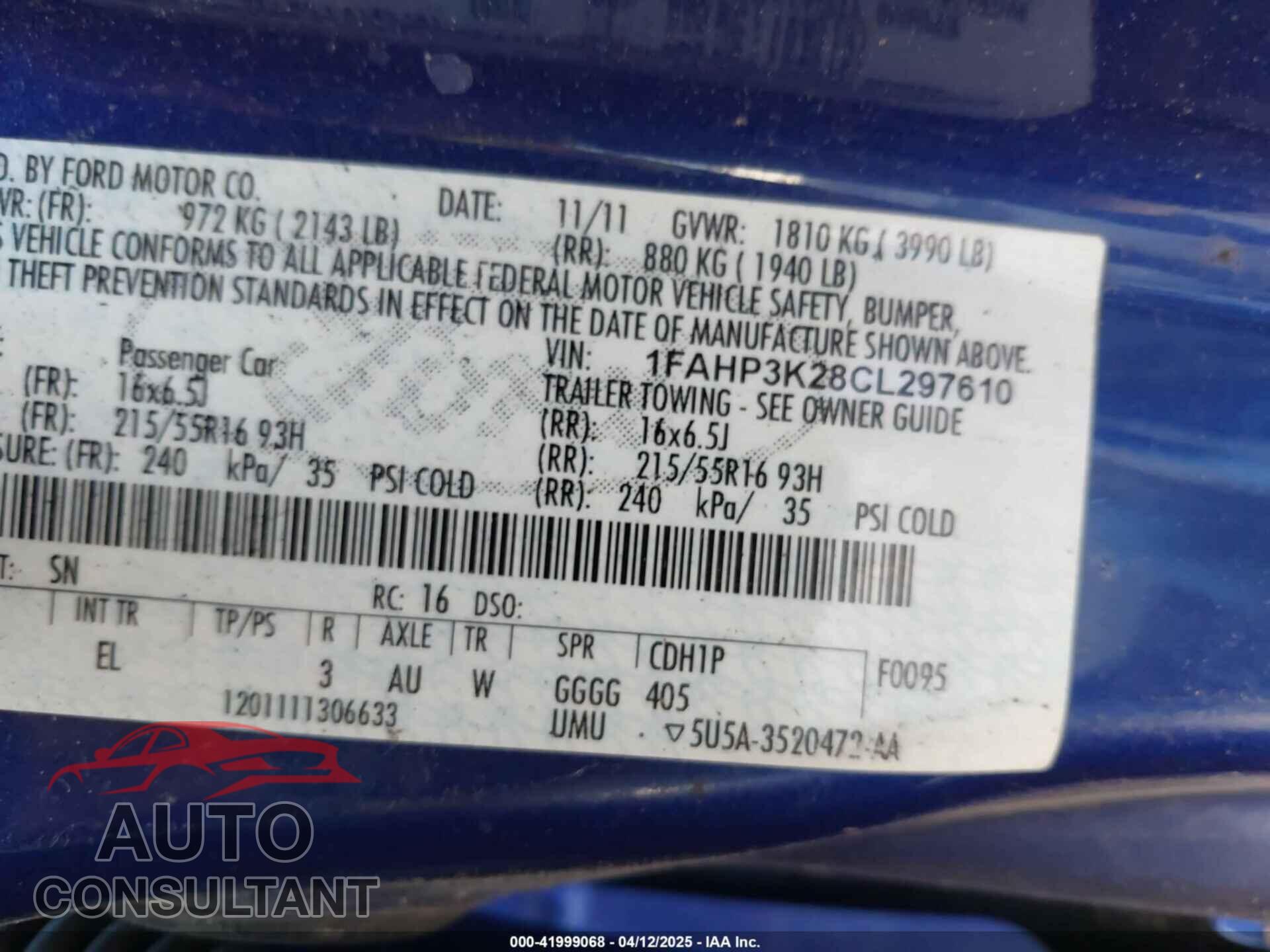 FORD FOCUS 2012 - 1FAHP3K28CL297610