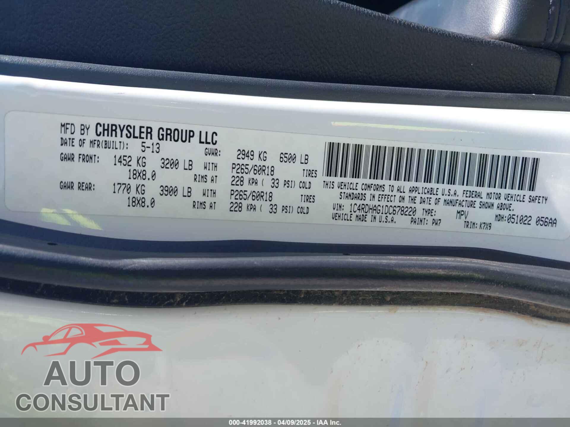 DODGE DURANGO 2013 - 1C4RDHAG1DC678220