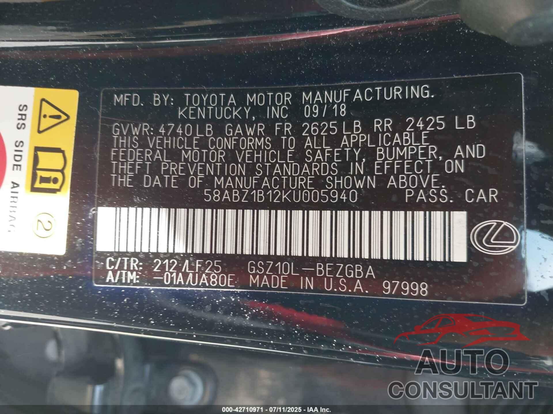 LEXUS ES 350 2019 - 58ABZ1B12KU005940