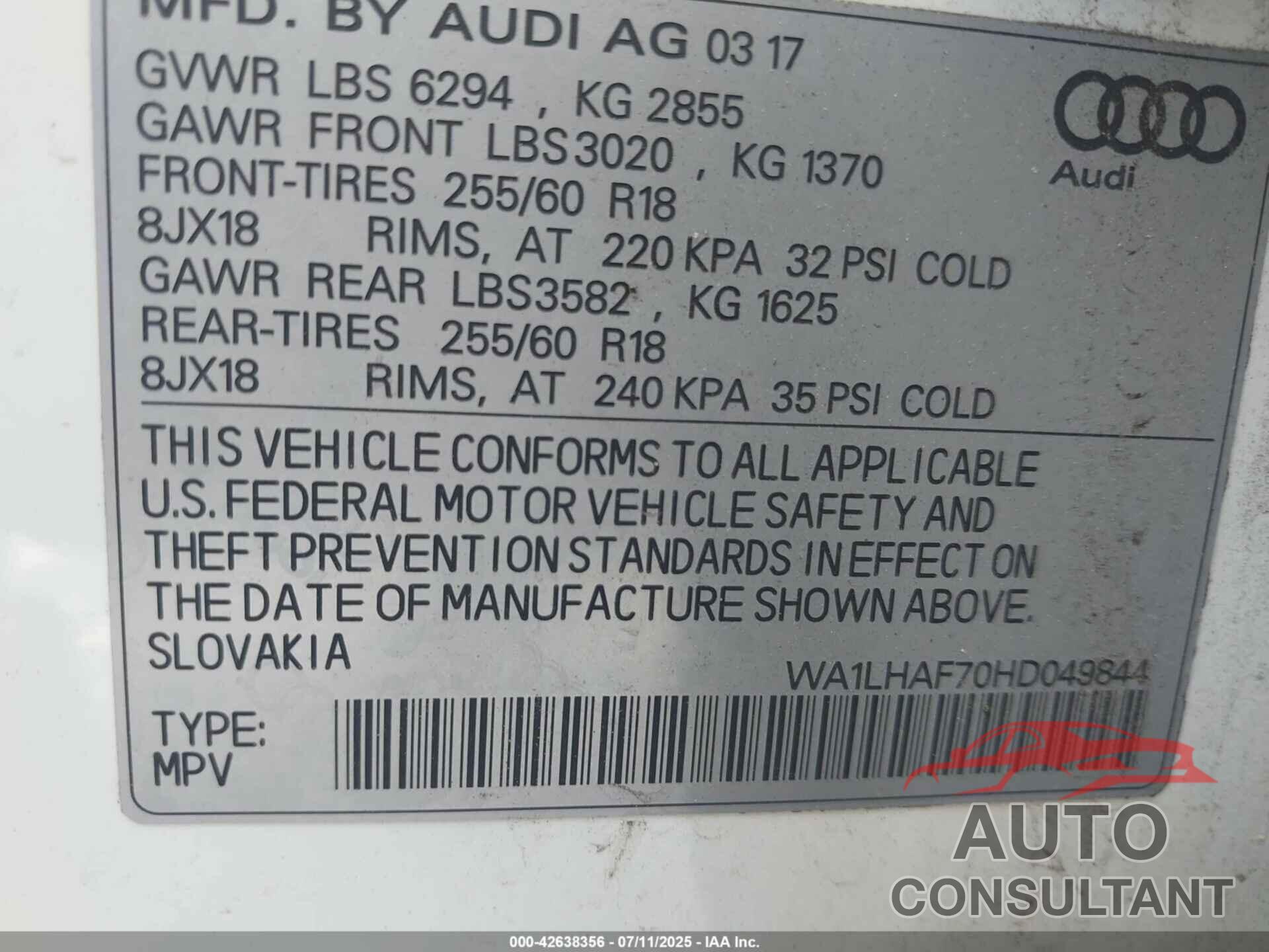 AUDI Q7 2017 - WA1LHAF70HD049844