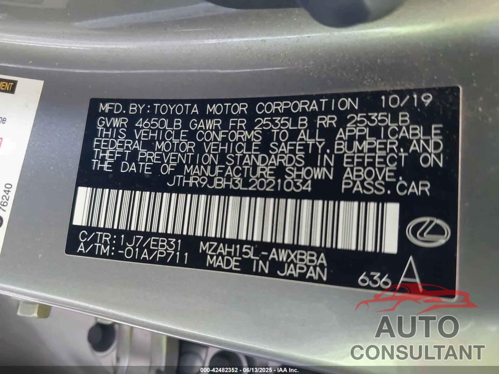LEXUS UX 250H 2020 - JTHR9JBH3L2021034