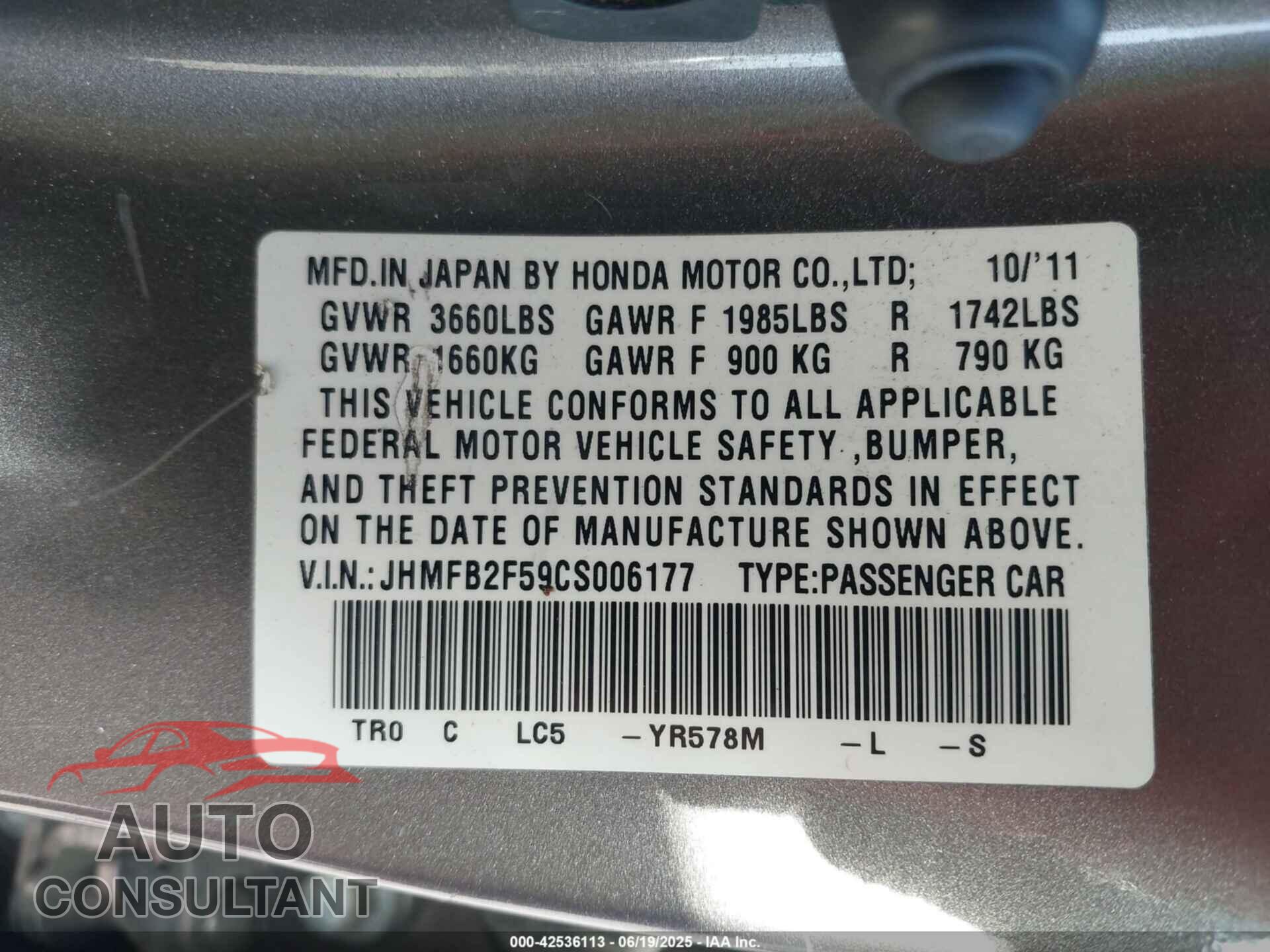 HONDA CIVIC 2012 - JHMFB2F59CS006177
