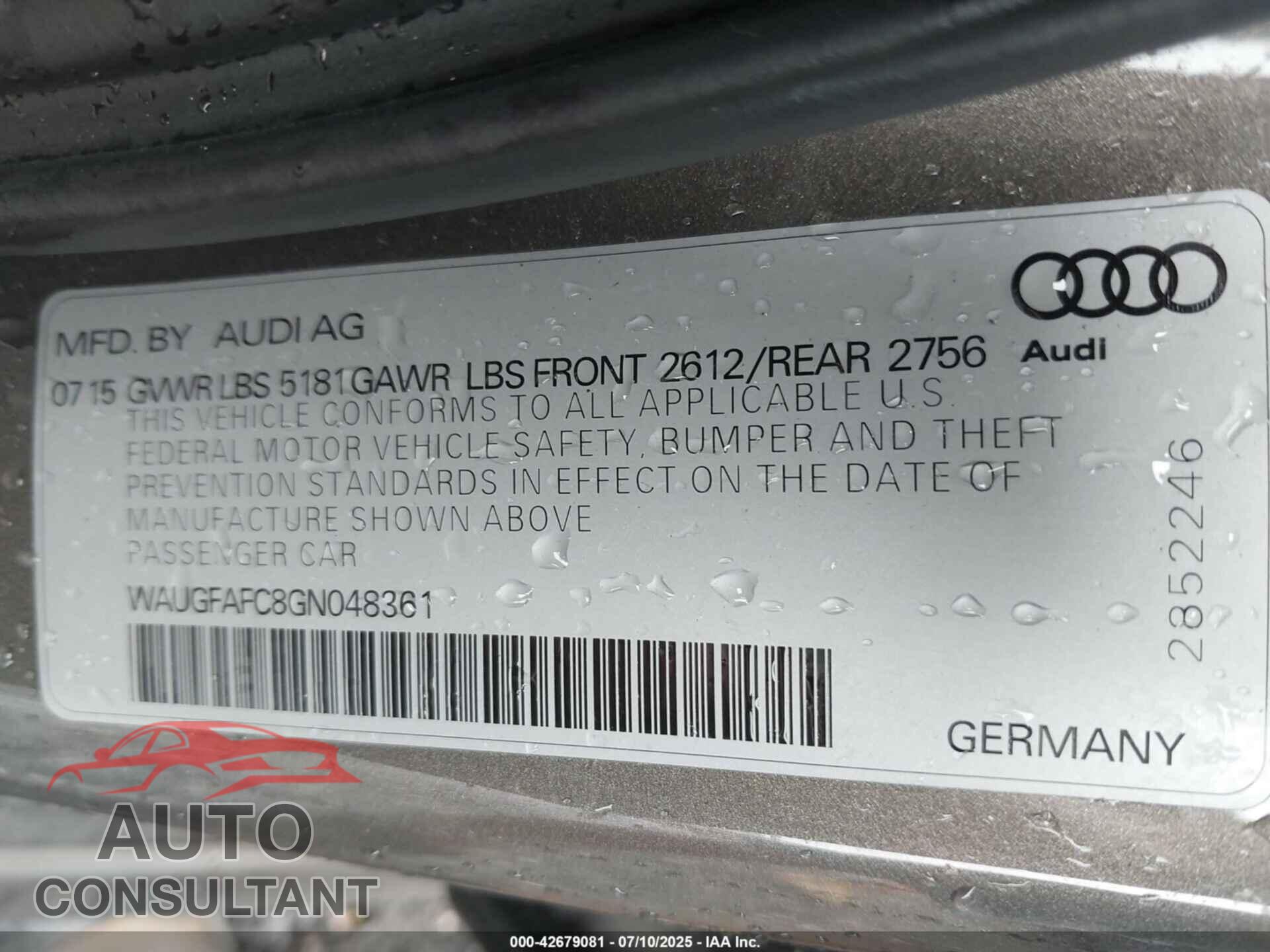 AUDI A6 2016 - WAUGFAFC8GN048361
