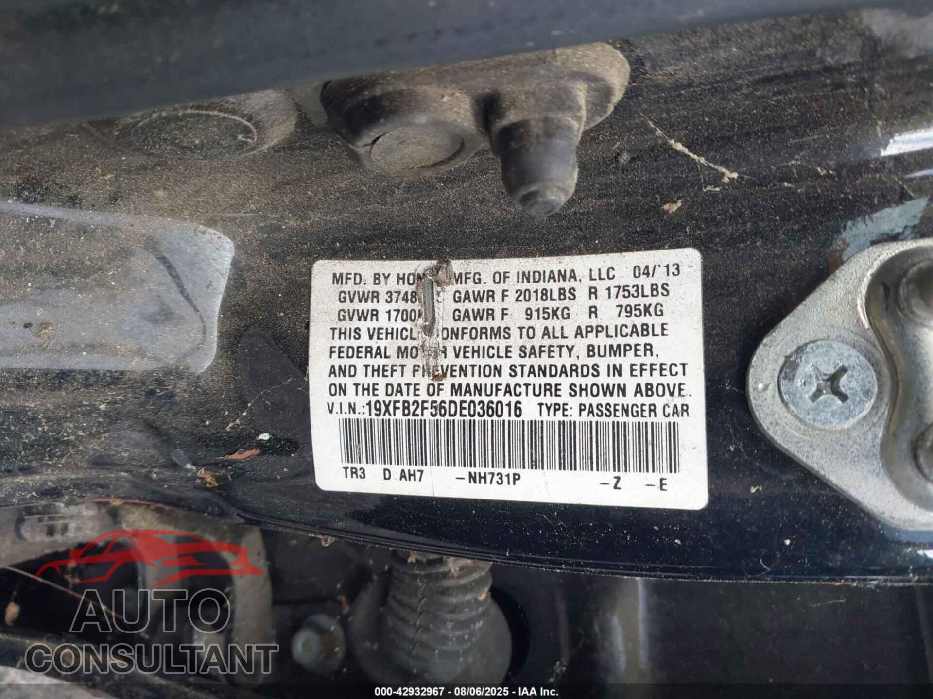 HONDA CIVIC 2013 - 19XFB2F56DE036016