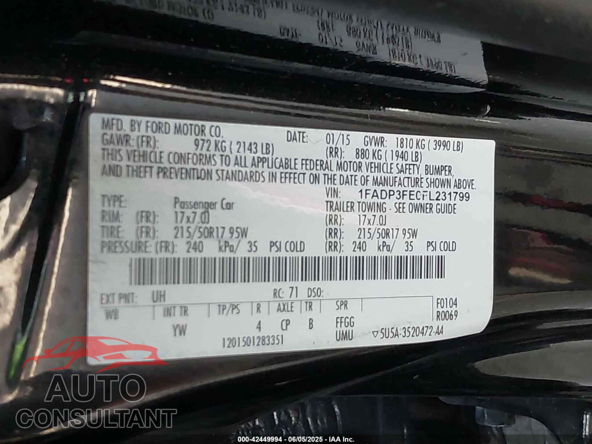 FORD FOCUS 2015 - 1FADP3FE0FL231799