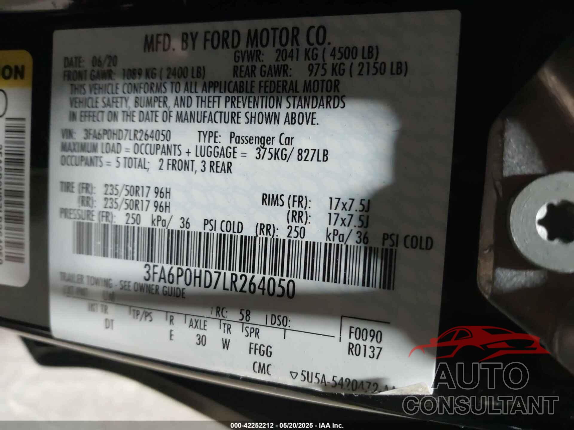 FORD FUSION 2020 - 3FA6P0HD7LR264050