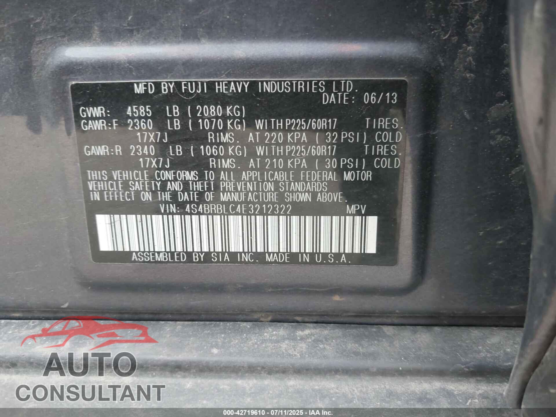 SUBARU OUTBACK 2014 - 4S4BRBLC4E3212322