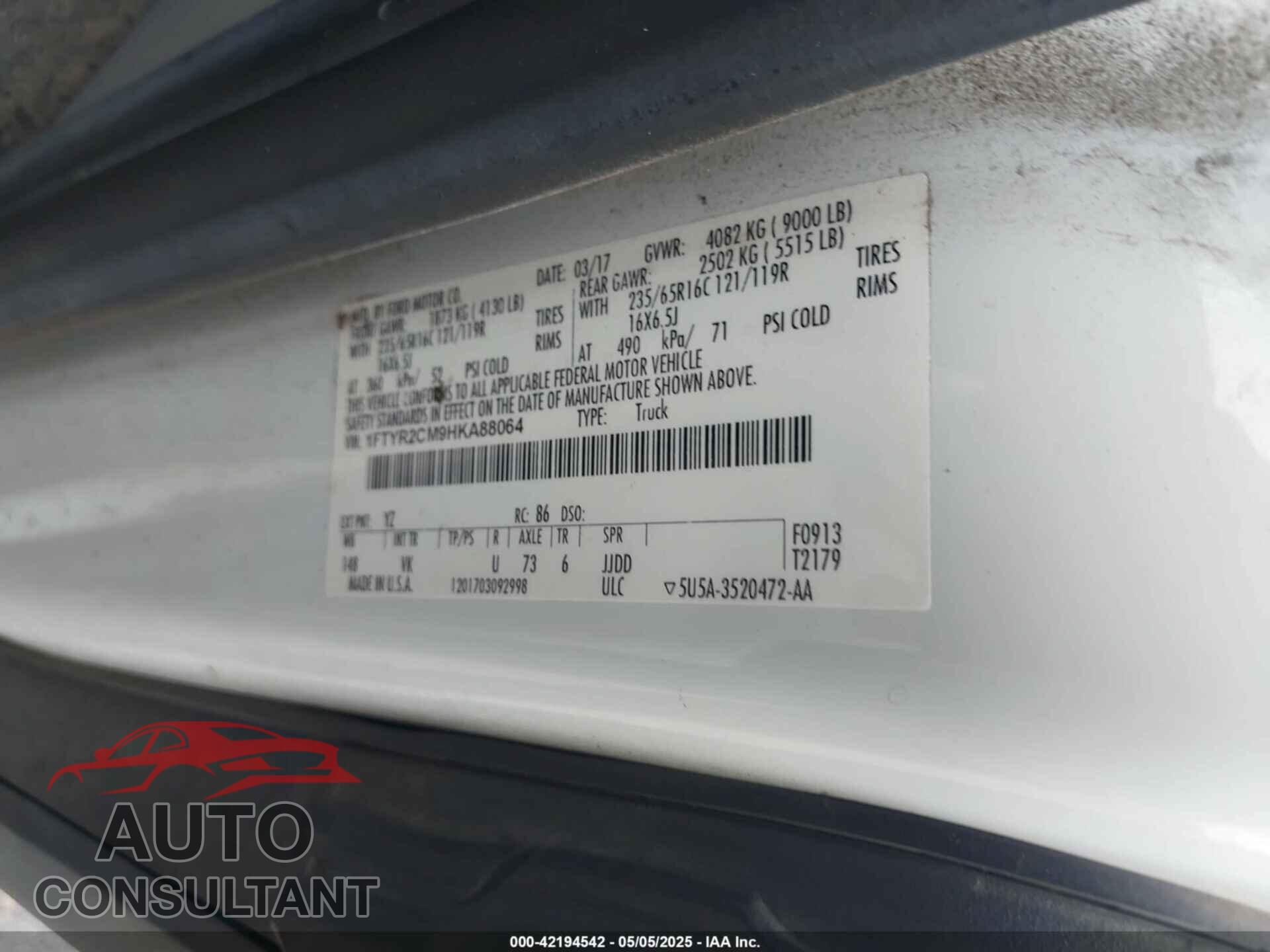 FORD TRANSIT-250 2017 - 1FTYR2CM9HKA88064