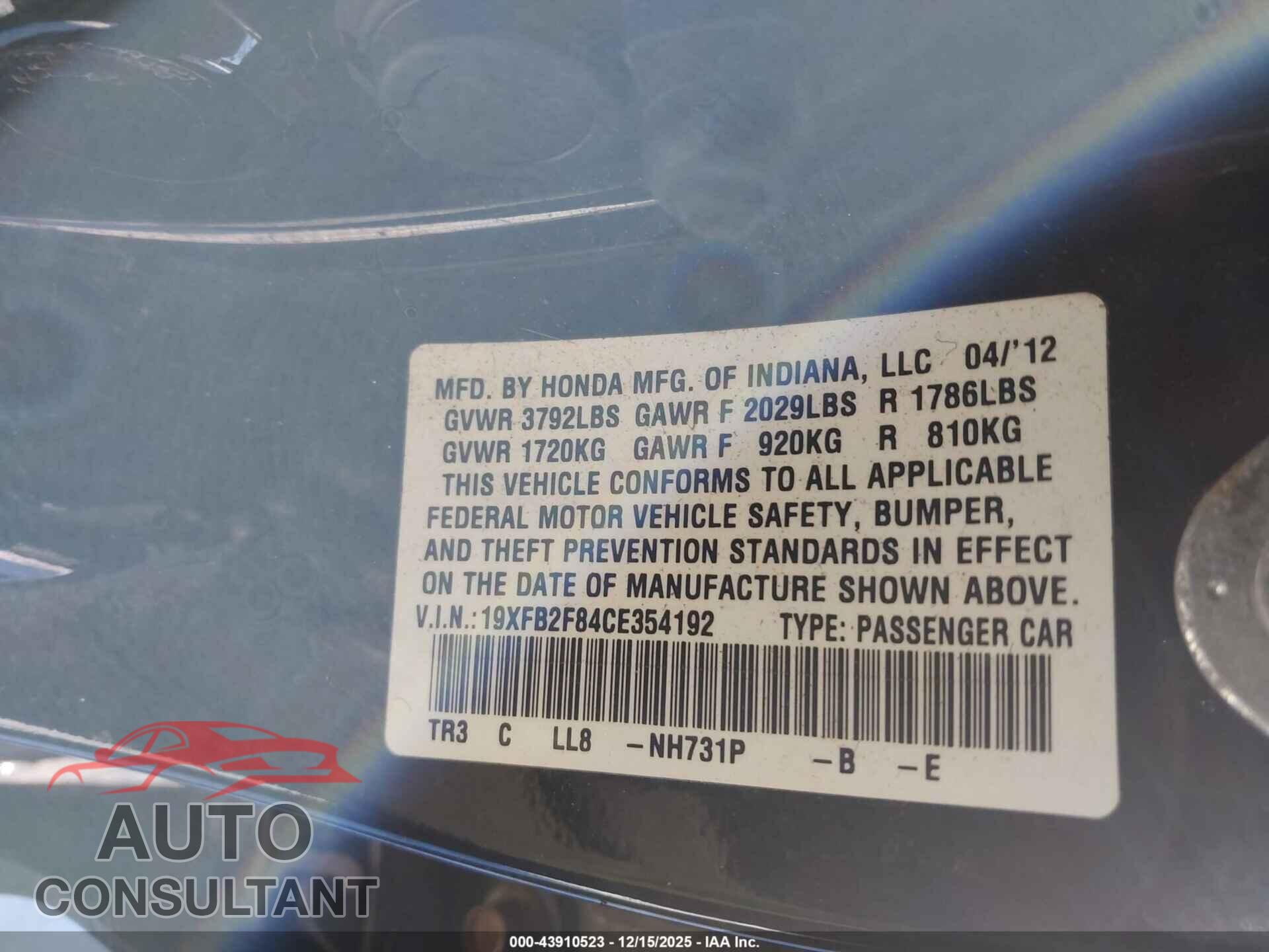 HONDA CIVIC 2012 - 19XFB2F84CE354192