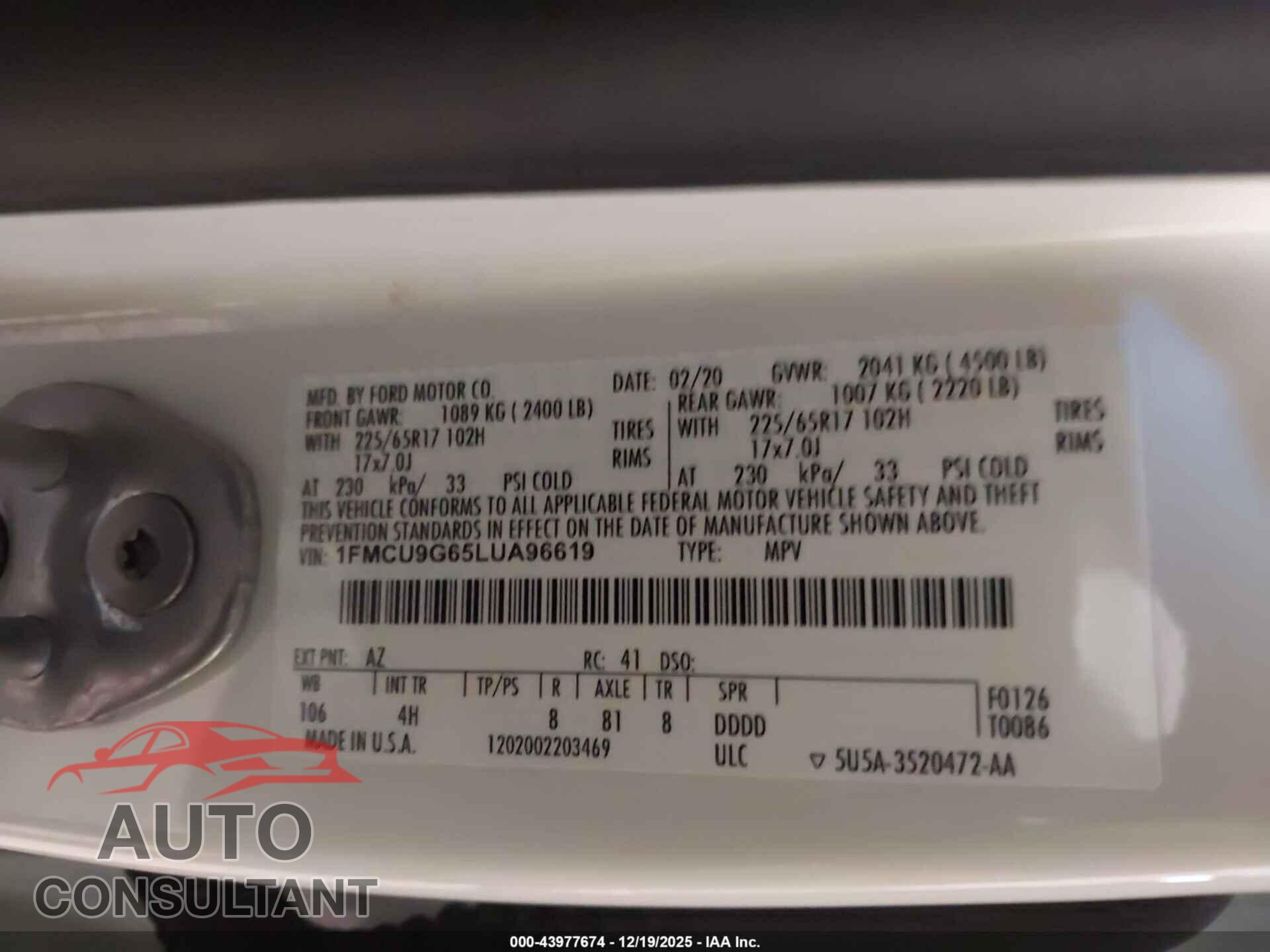 FORD ESCAPE 2020 - 1FMCU9G65LUA96619